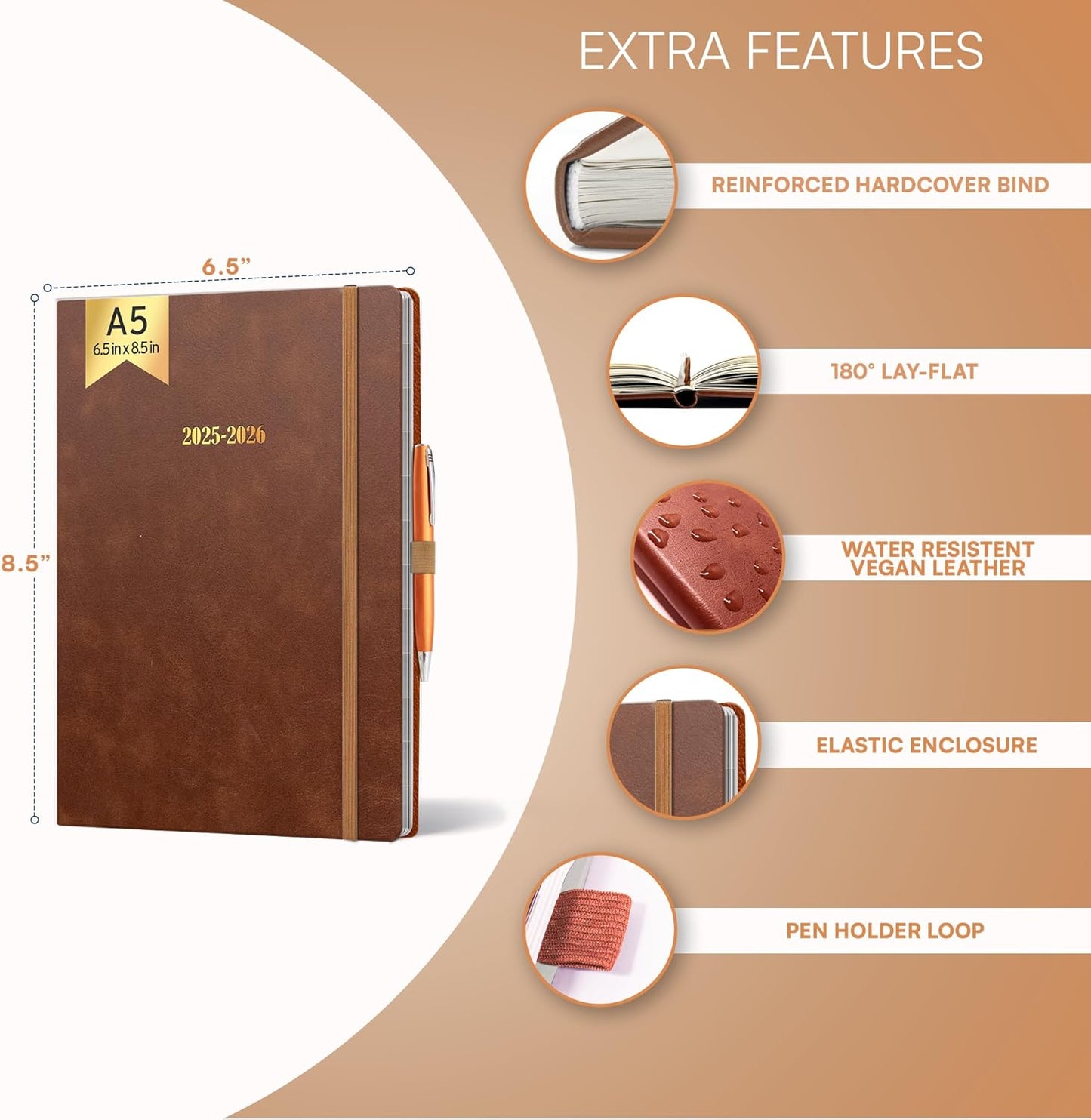 Ensight 2025-2026 HARDCOVER Leather Planner Weekly & Monthly - 6.5x8.5 Inches - Academic Planner Business Personal or Student - Pen Holder, Thick Paper, July 2025 - June 2026 (Brown)