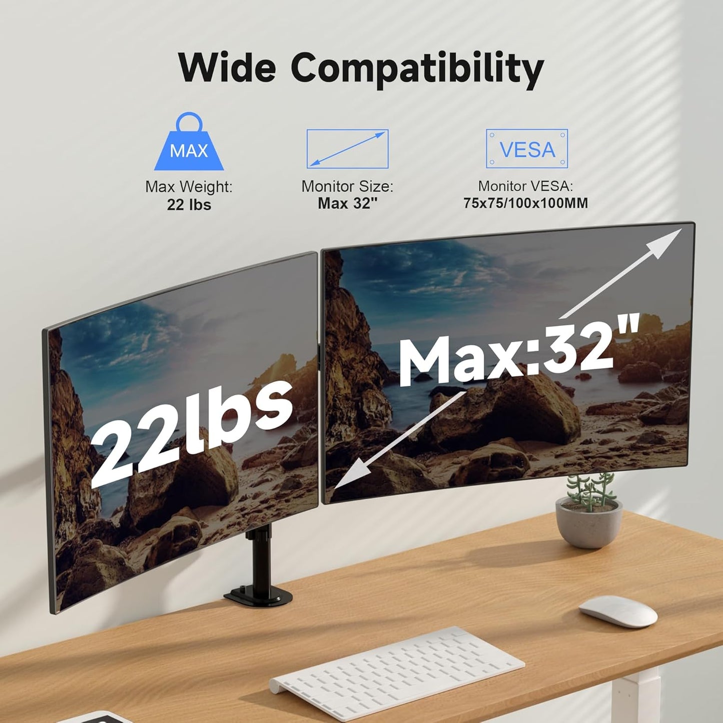 Pholiten Dual Monitor Stand, Heavy Duty Adjustable Monitor Arm Desk Mount for 2 Screens up to 32 Inches, Tilt, Swivel, Rotate, Supports Tilt, Swivel, Rotate, Supports 22 lbs per Monitor Arm