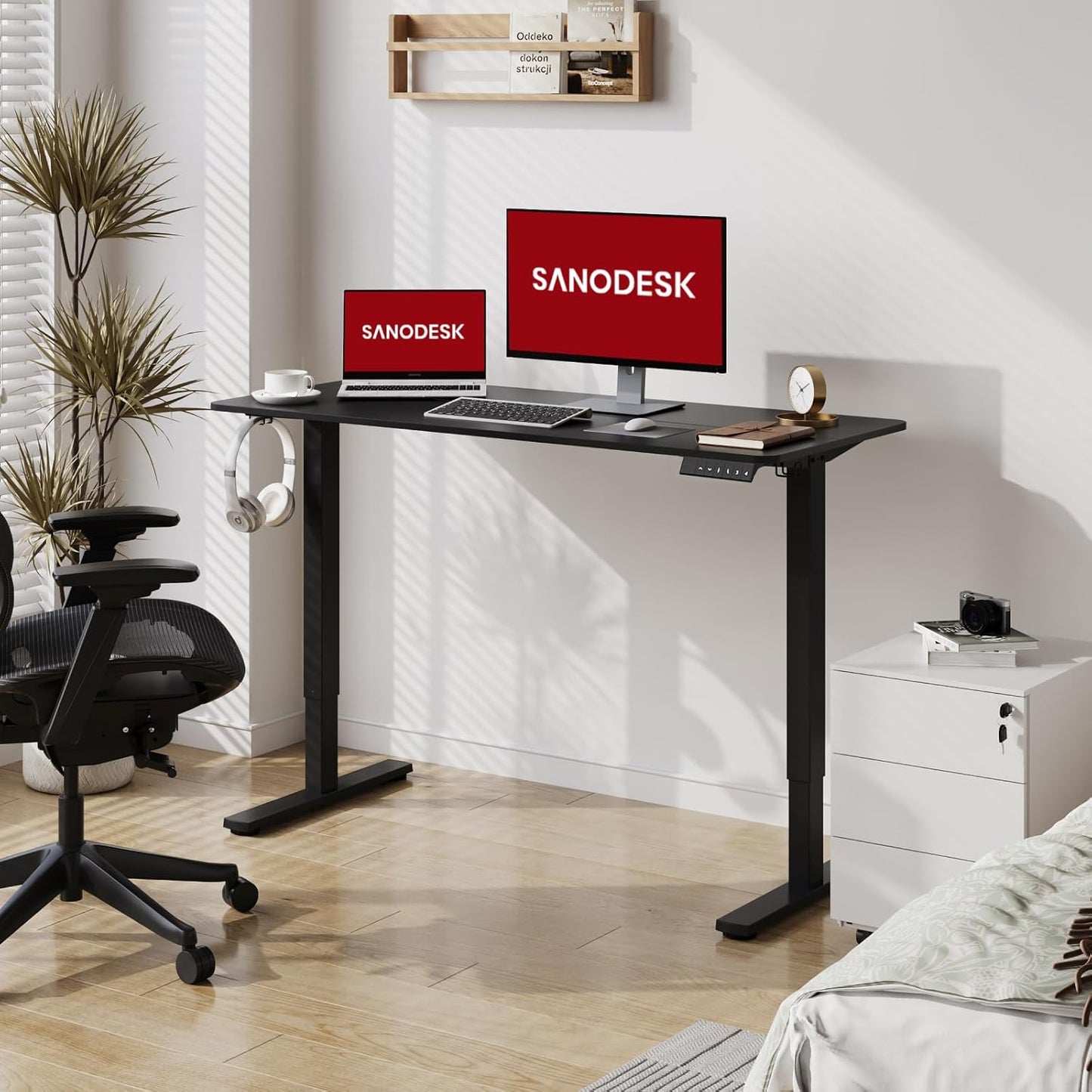 SANODESK Electric Standing Desk 48x24 Inch Height Adjustable Stand Up Desk Home Office Computer Workstation Sit Stand Home Office with Splice Board (Black Frame + Black Top)