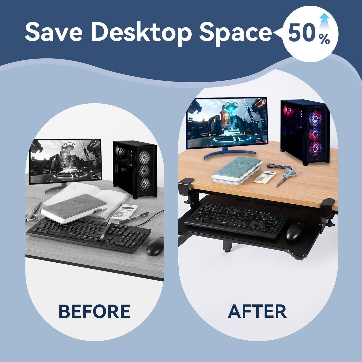 VUSIGN Keyboard Tray Under Desk Height Adjustable,Pull Out with Adjustable C Clamp Mount System for L-Shaped Tables, Extra Sturdy, 26.4” x 11.8” Slide-Out Platform Computer Drawer for Typing, Black