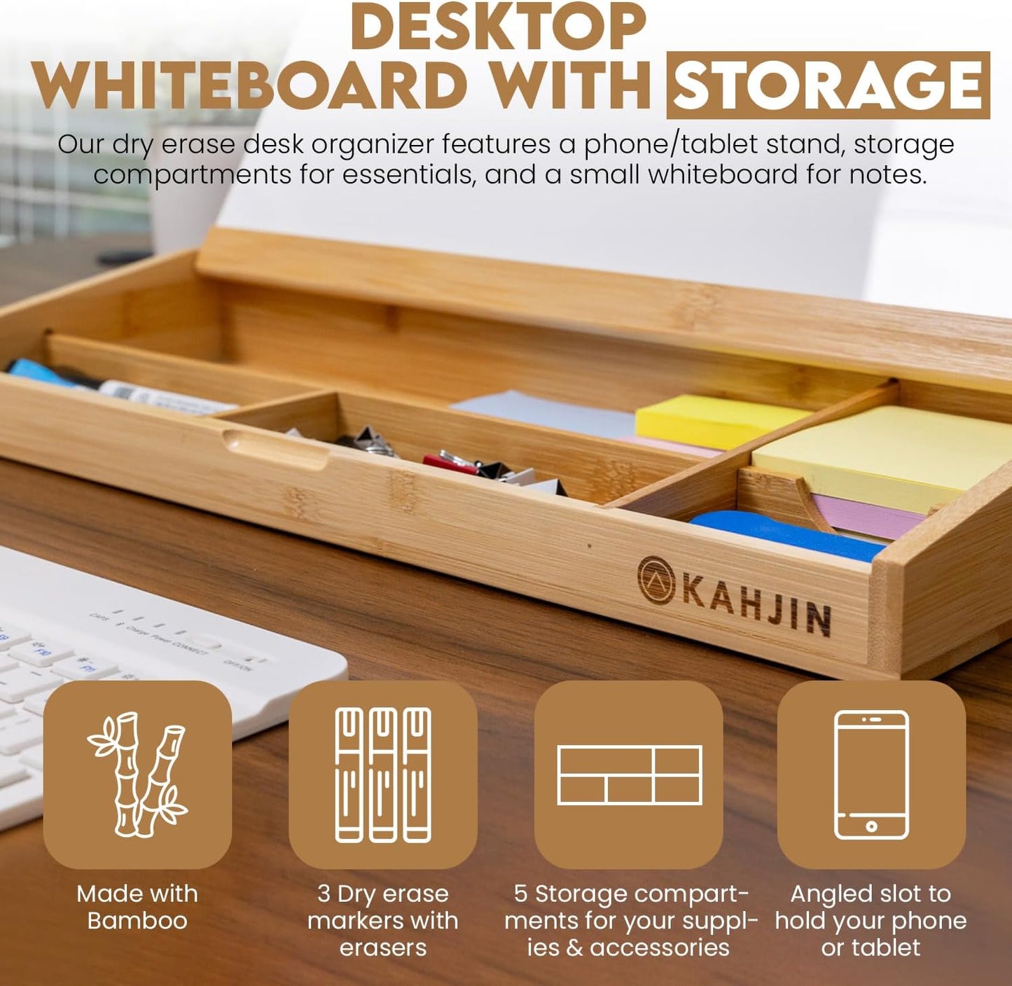 Desk Whiteboard with Storage - 16.2" x 6.7" x 2" with 3 Markers and 1 Eraser, Small Whiteboard for Desk - KAHJIN Natural Bamboo Dry Erase Board with Organizer for Office, Home, or School Essentials