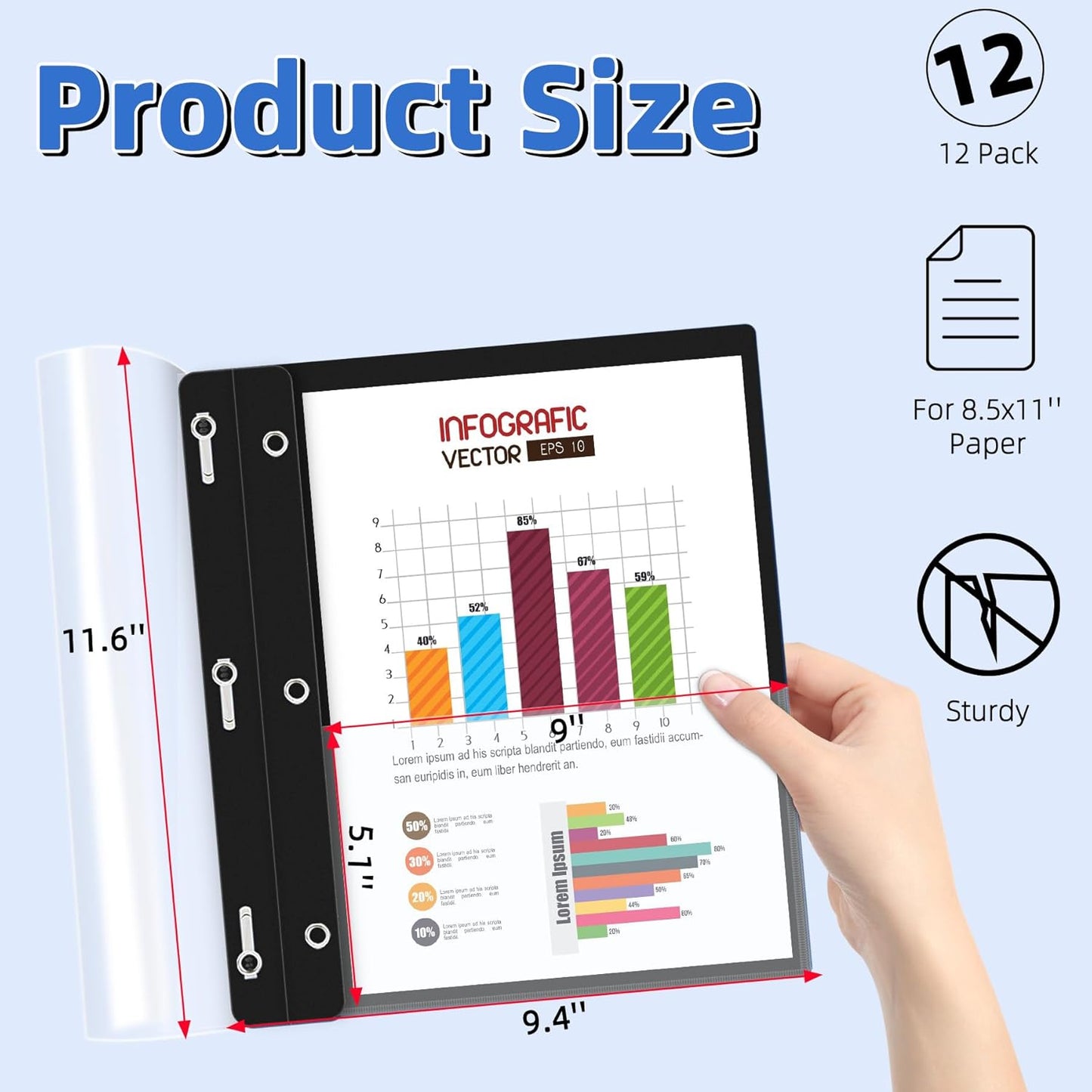 HAUTOCO 12 Pack Plastic Report Covers with 3-Prong Fasteners Clear Front Resume Portfolio Folder for 8.5x11 Letter Size Paper, Presentation Document Report Folders for Office School Use, Black