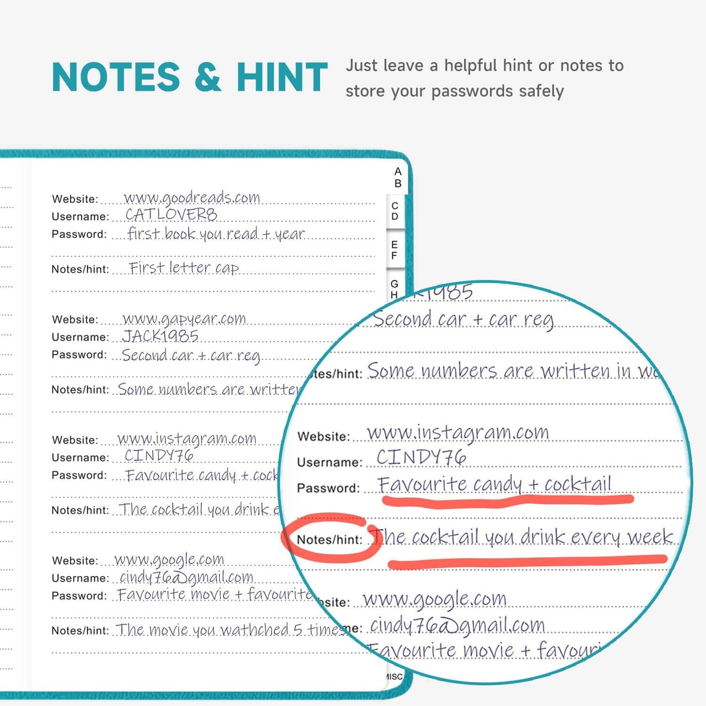 Password Book with Alphabetical Tabs – Hardcover Internet Address & Password Organizer – Password Keeper Notebook for Computer & Website – 7 x 10" Log-in Password Journal w/Thick Paper (Turquoise)