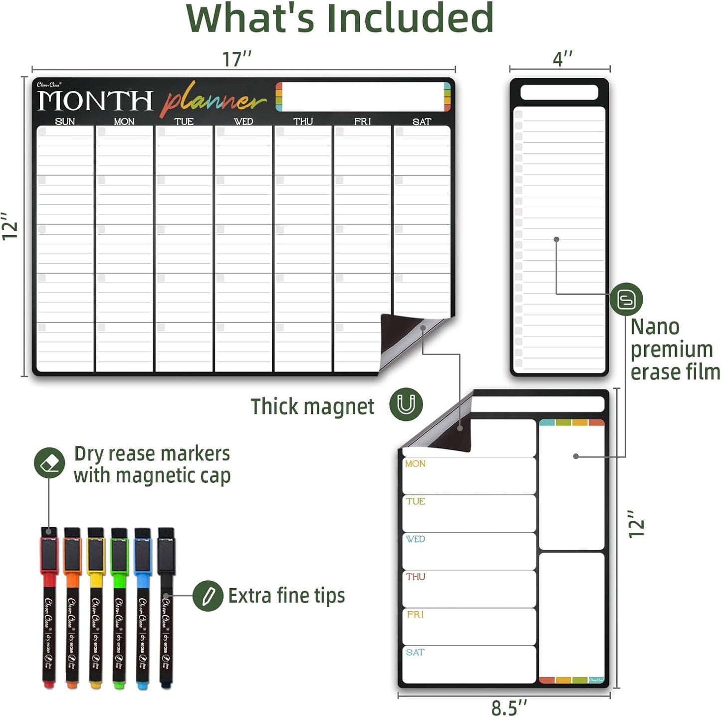 Magnetic Dry Erase Monthly Calendar Set - 17"x12" Monthly and 8.5"x12" Weekly Calendar, 4"x12" List Board for Fridge - 6 Extra Fine Point Dry Erase Markers Included - Shipped Flat