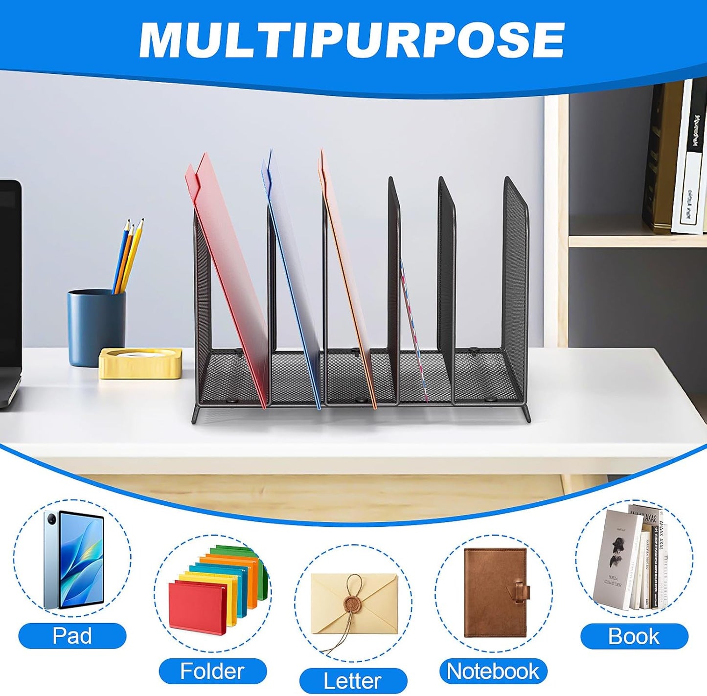 5 Sections Desk File Holder/Rack/Sorter,Mesh File Organizer,File Folder Organizer,Metal Upright Desktop Organization for Documents,Magazine,Kitchenware,Antiskid,Antirust,Sturdy,1 Pack