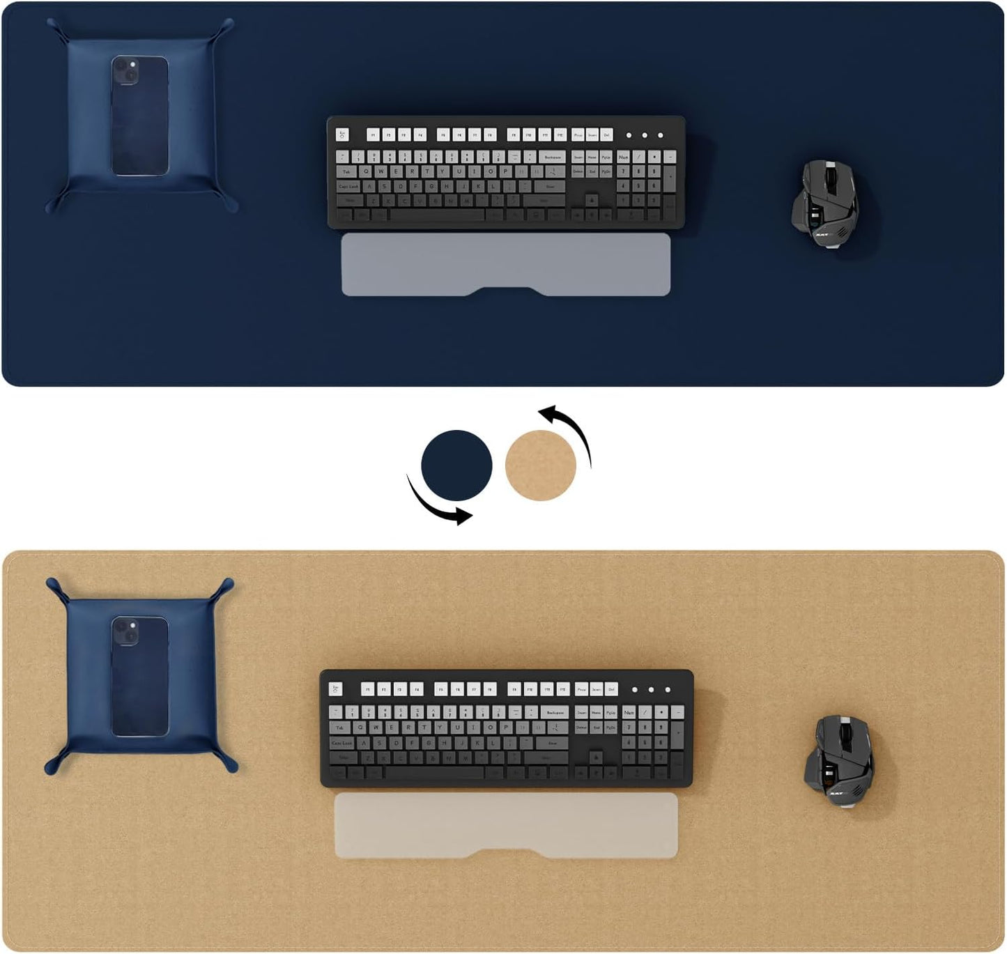 DAWNTREES Dual Sided Desk Mat,Leather Desk Pad,40"x16",Cork Desk Mat Protector,with PU Leather Valet Tray Organizer,Large Mouse Pad,Desk Writing Pad for Office and Home(Dark Blue)