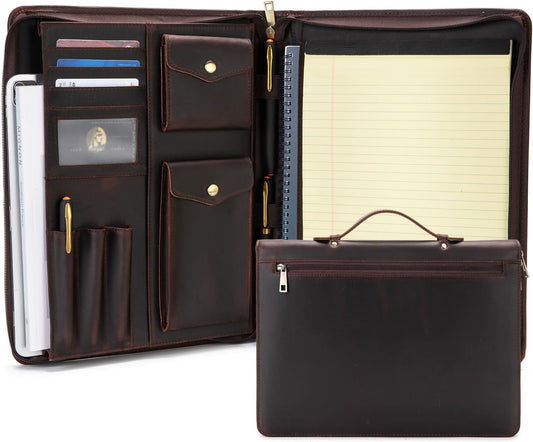 Genuine Leather Portfolio with Hidden Handle, Zippered Front Pocket, Business Padfolio for Men and Women, 8.5 x 11 Legal Pad Notebook Holder, Office Letter Notepad Folio, Dark Brown