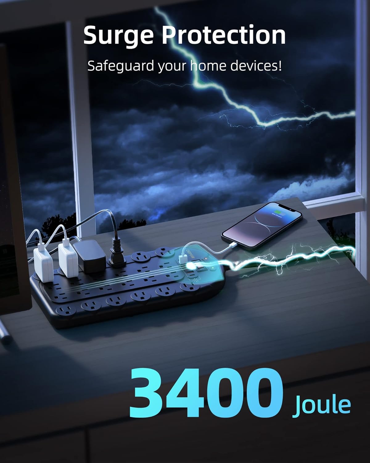 15Ft Power Strip Surge Protector (3,400 Joules), DEPOW 24 AC Multiple Outlets (1875W/15A) with 6 USBs (2 USB-C Ports), ETL Listed, Flat Plug Heavy Duty Long Extension Cord for Home, Office, Black