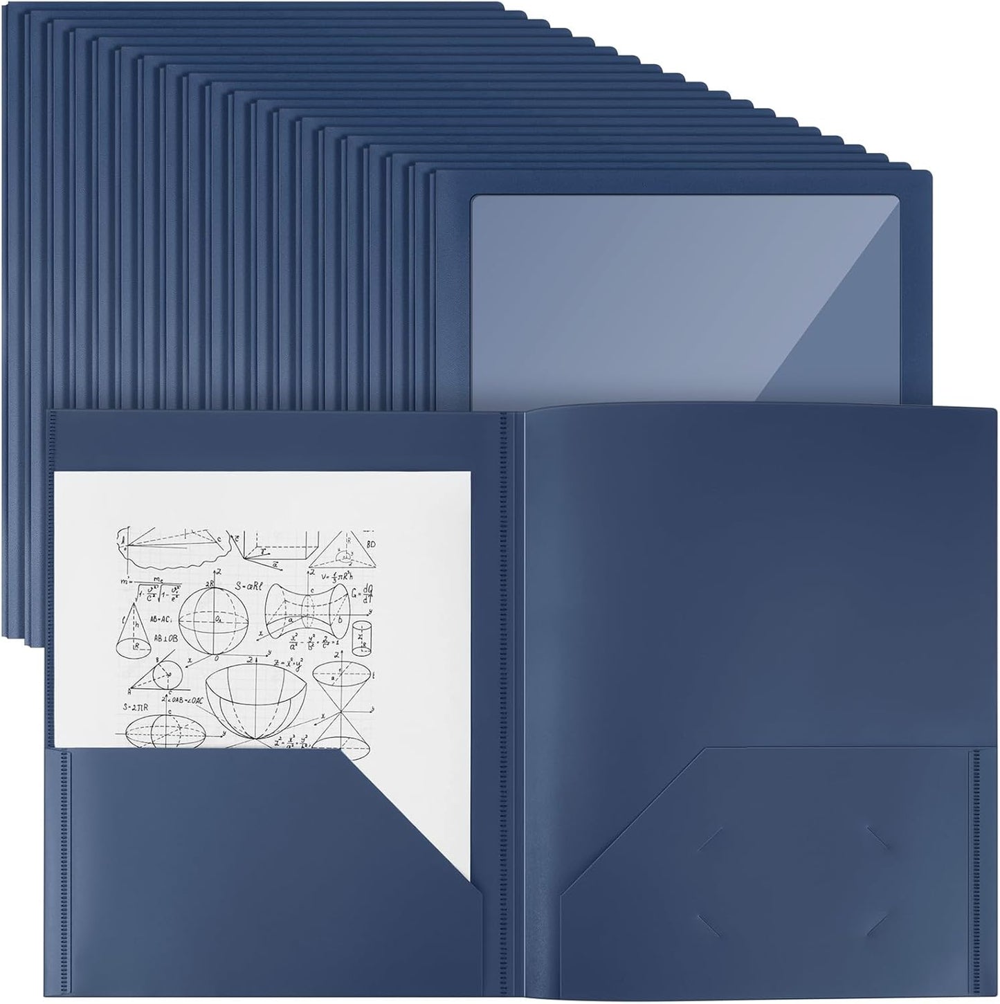 Teling 48 Pcs Plastic Folders with Front Clear Pocket and Business Card Holder 2 Pocket Folders Letter Size Paper for School Office Supplies Nice Gift for Christmas New Year School Supply (Dark Blue)