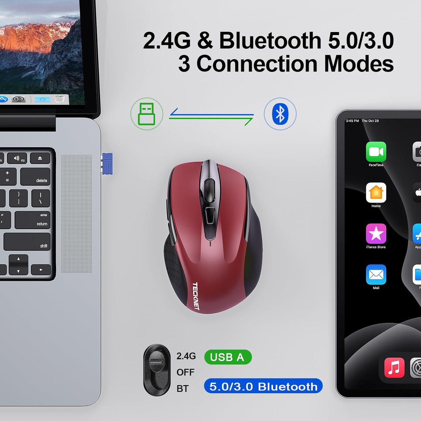 TECKNET Wireless Mouse (BT5.0/3.0 & 2.4G) Rechargeable 4800 DPI Silent USB A & Bluetooth Mouse 6 Buttons, Wide Compatibility - Red