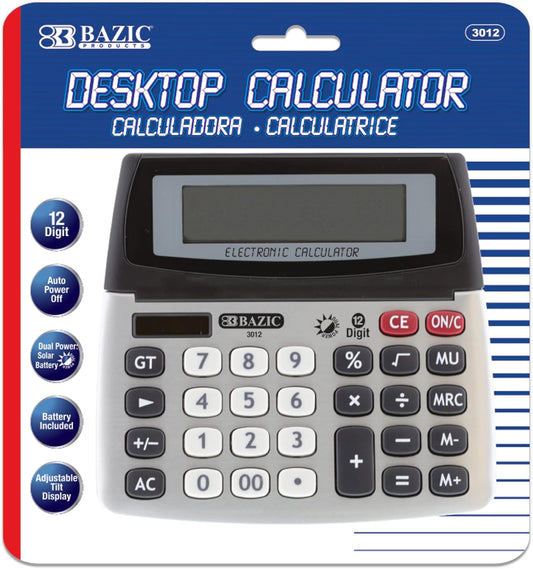 BAZIC 12-Digit Dual Power Desktop Calculator with Adjustable Display (Case of 72) (3012-72)
