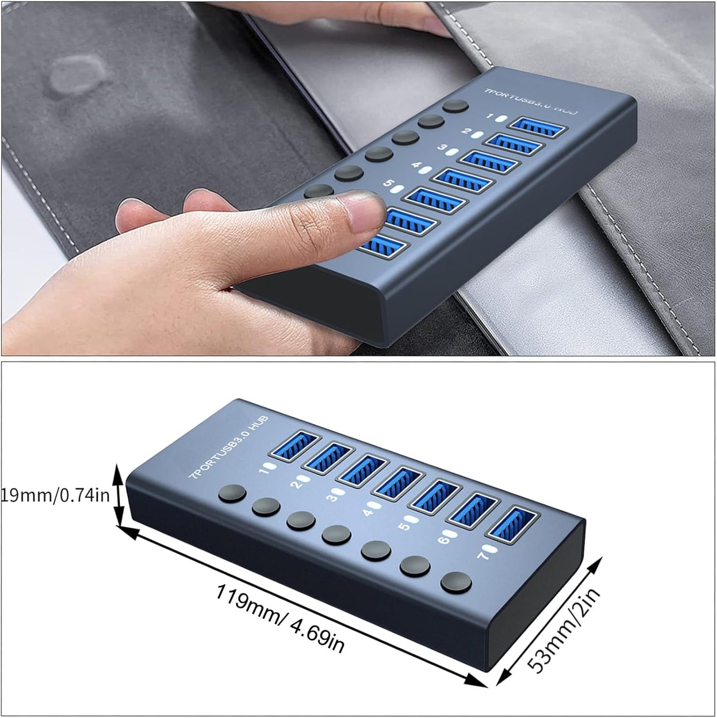 MaxLax 7 Port Aluminum USB 3.0 hub with 7 Port USB Data Transfer,36W (12V/3A) Power Adapter USB Splitter Independent Switch