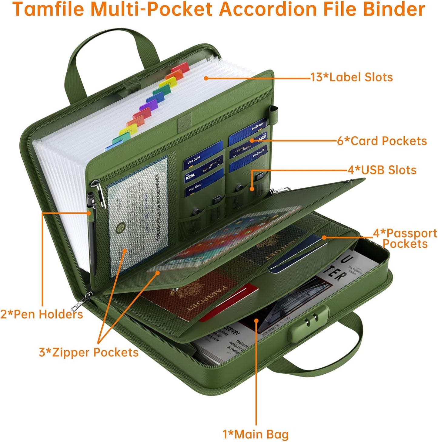 5200℉ Fireproof Accordion File Organizer with Lock, Thickened Document Organizer 13 Pocket with Zipper & Labels, Important Document Organizer, Expanding File Folder with Handle for Letter A4 (Green)