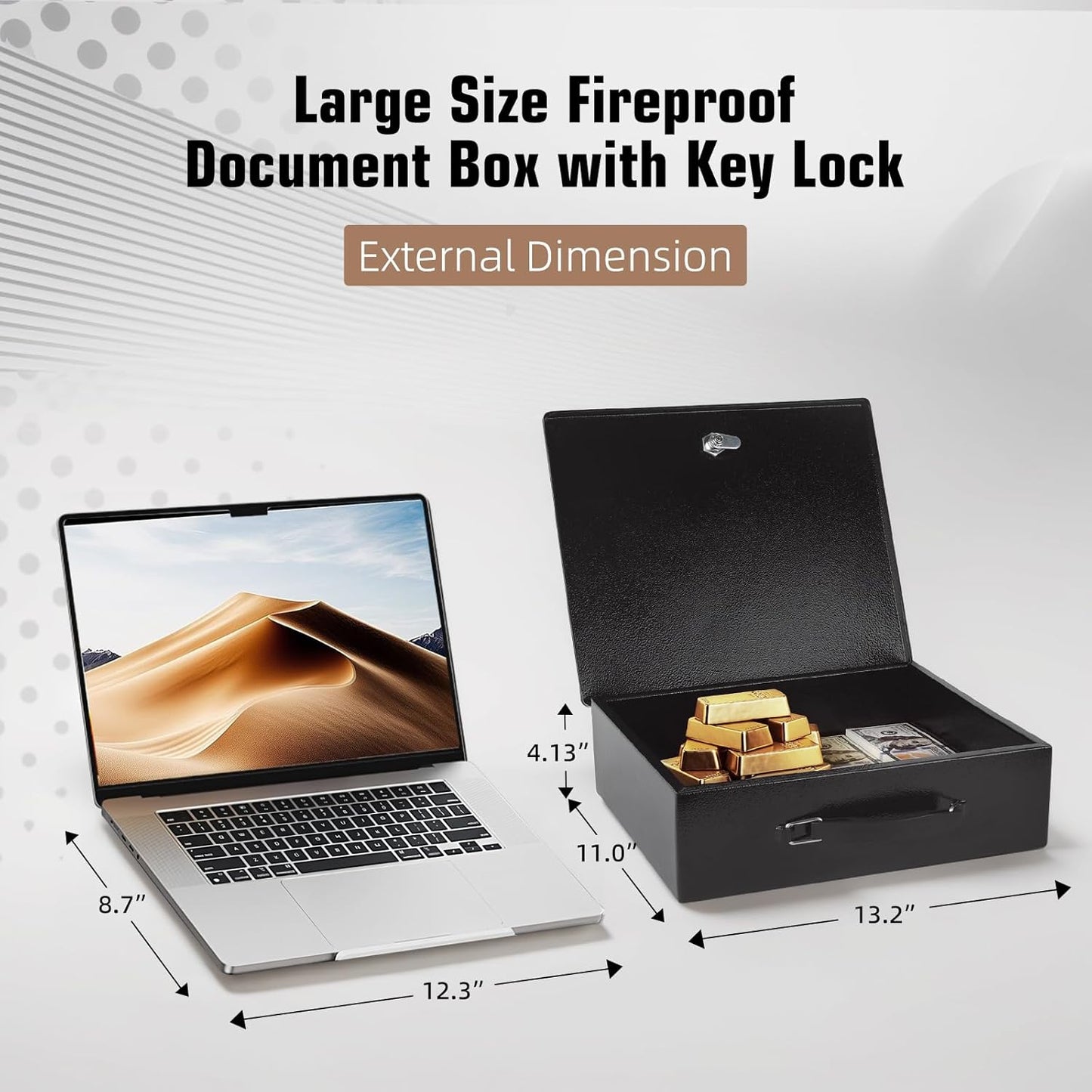 Fireproof Document Box,X Large Fire Resistant Safe Box with Key Lock for Home, Portable Fireproof Lock Box for Personal Items, Passport, Cash, Tablet, Exterior 13.2" x 11" x 4.13"