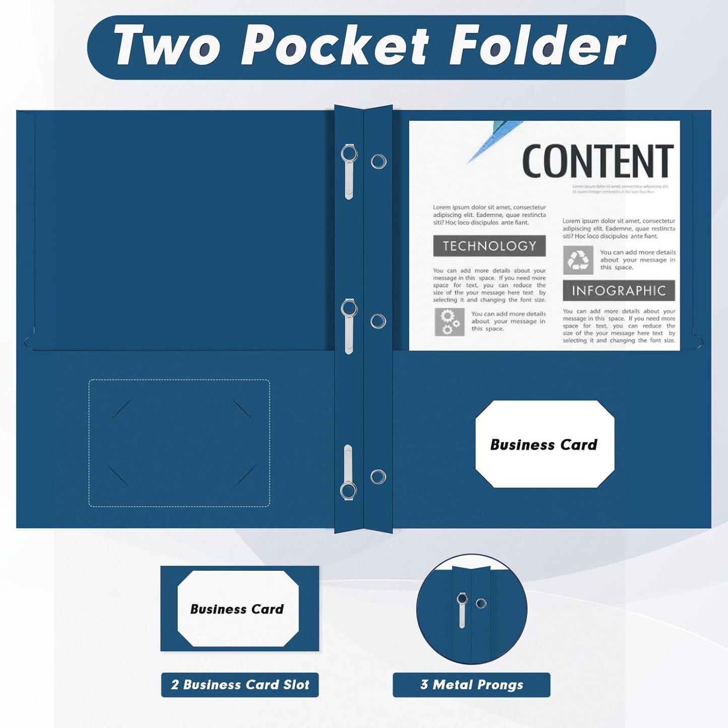Two Pocket Folders, PANDRI 30 Pack Two Pocket Folders with Prongs, 3 Prong Folders Designed for Office and Classroom, Letter Size Darkblue