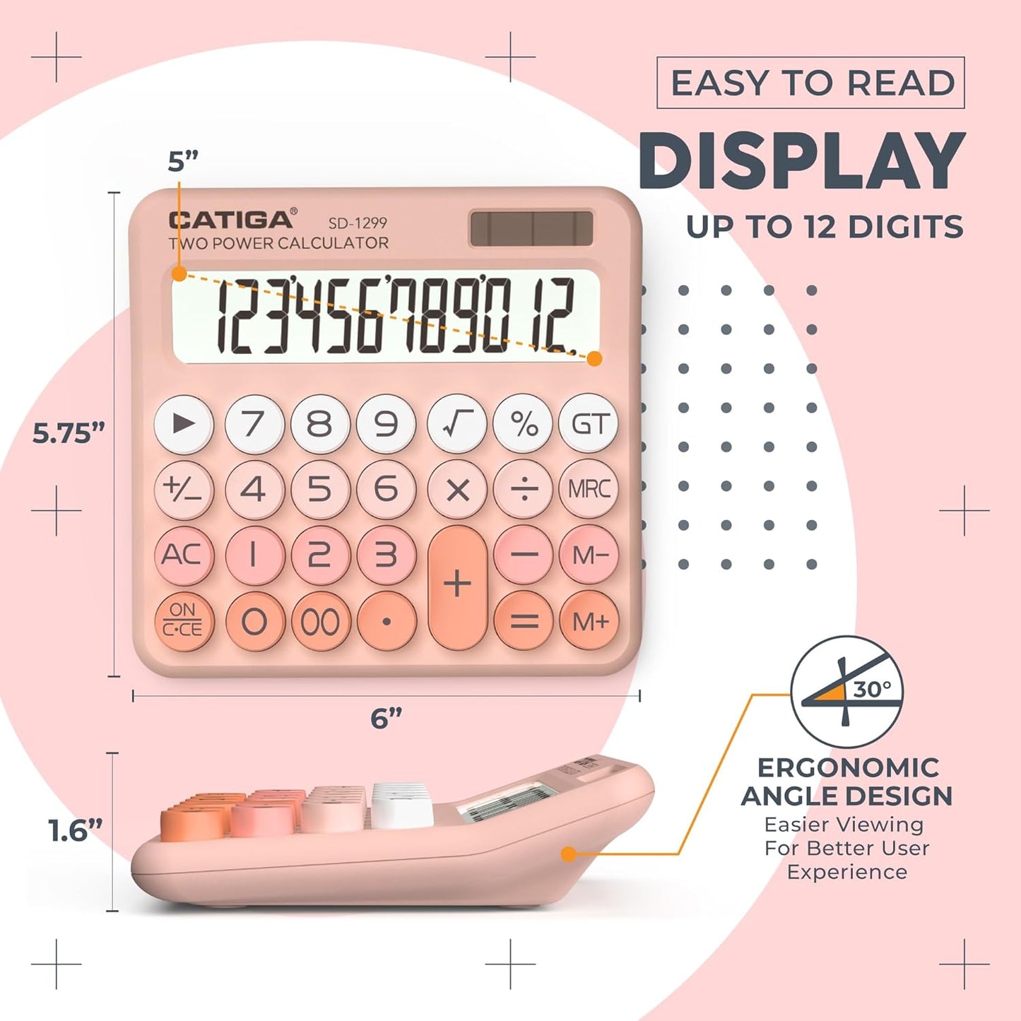 CATIGA Mechanical Switch Calculator with Solar and Battery Dual Power, 12-Digit Large LCD Display, Aesthetic and Cute Desktop Calculator with Big Button, for Home, School and Office Use, SD-1299