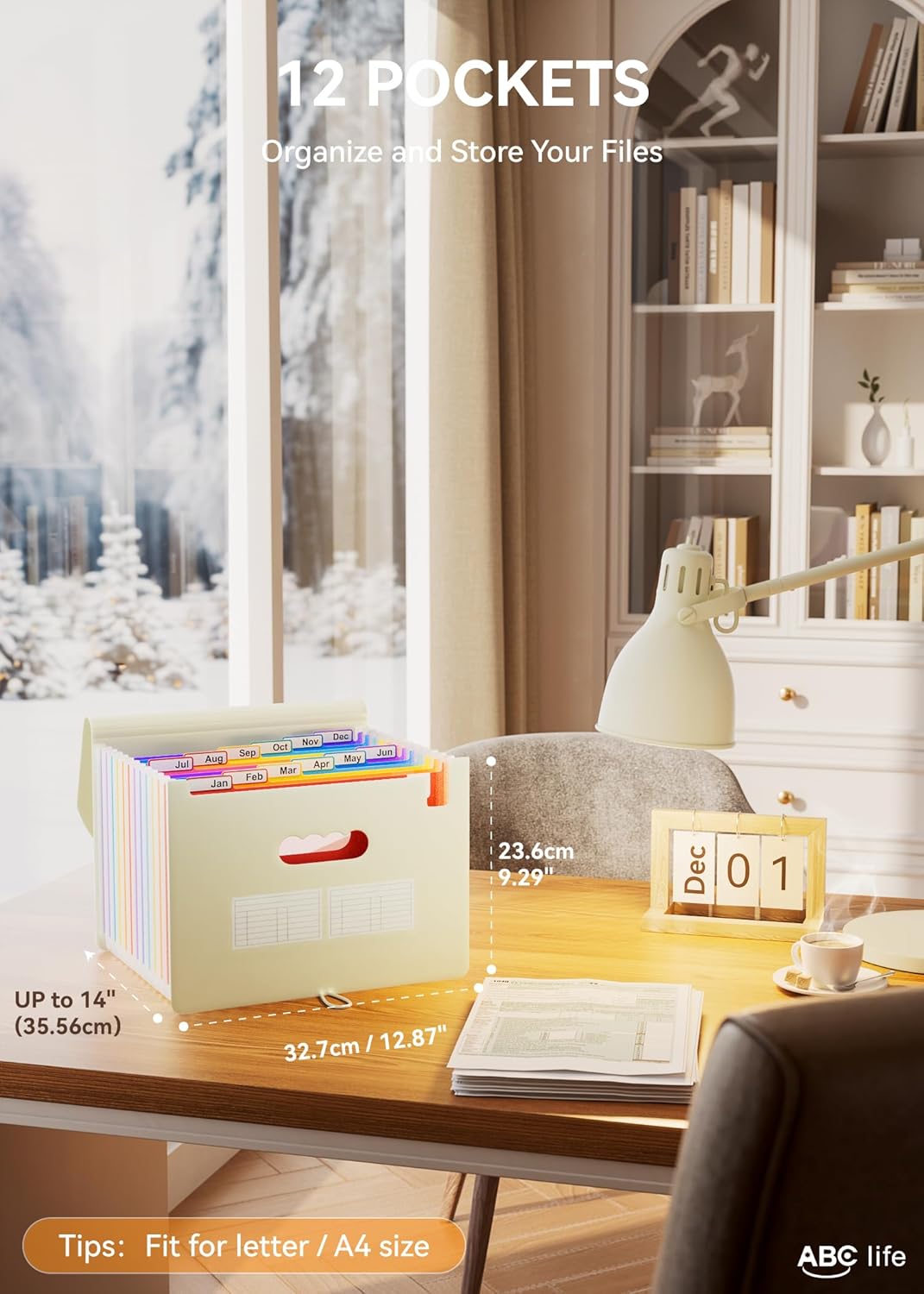 ABC life 12-Pocket Expandable Accordion File Organizer for Monthly Bills & Receipts - Portable A4/Letter Size Document Holder with Colored Tabs - Ideal for Home, Office & Travel Folder- Beige Color