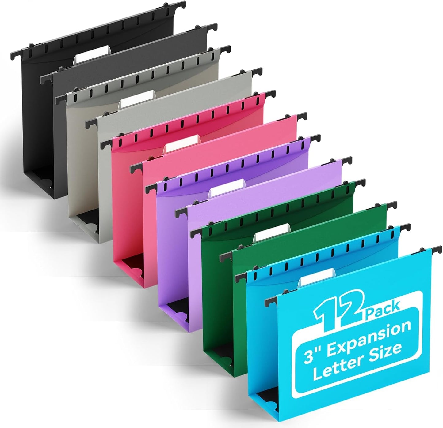 ANSOOK Plastic Hanging File Folders Letter Size, 3 Inch Reinforce Expanding File Folder,12 Pack File Cabinet Folders with Insertable 15 Tabs,Heavy Duty,Accordion File Organizer for Office Home School