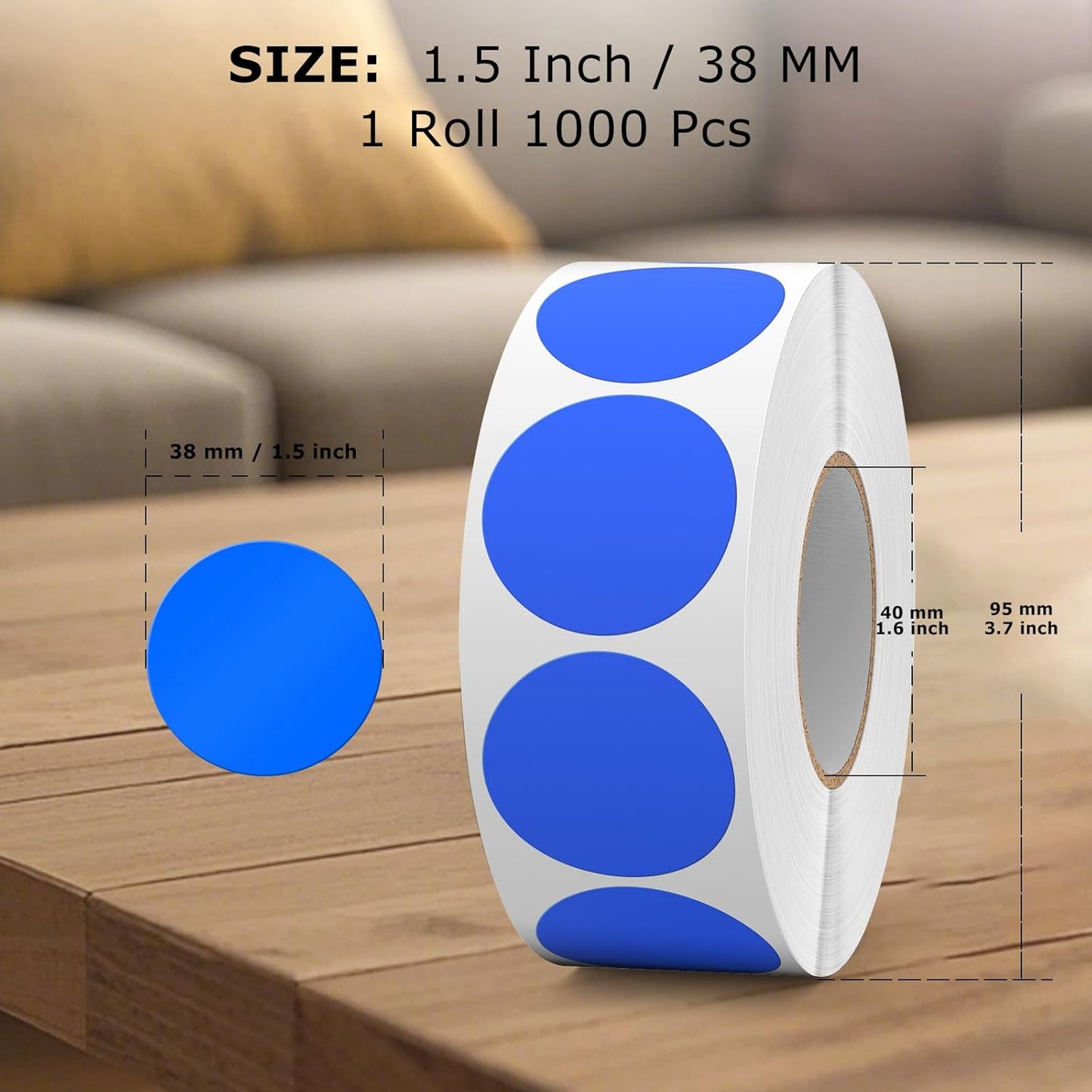1000 PCS Colored Dot Stickers 1.5 Inch Vinyl Blue Circle Labels Removable Waterproof Color Coding Round Sticker for Office Inventory Organize