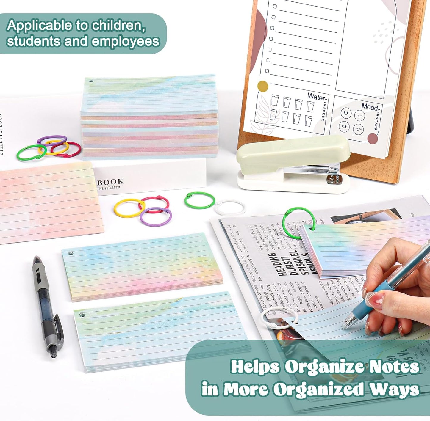 1000 PCS Colored Index Cards with Hole Lined Flash Cards with Binder Rings Watercolor Notecards with Rings 3x5 Study Cards Flashcards for Home School Office Supplies