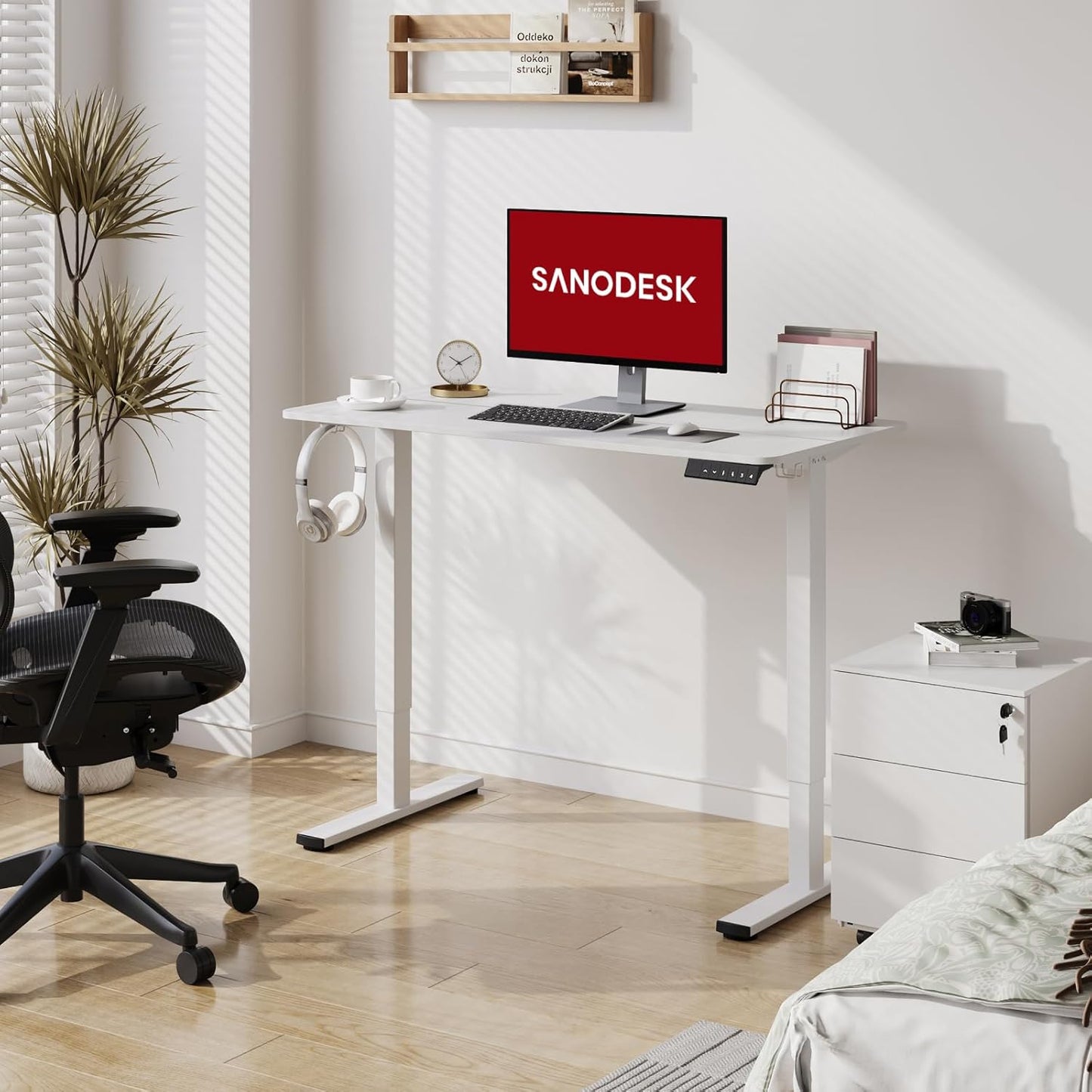 SANODESK Electric Standing Desk 40x24 Inch Height Adjustable Stand Up Desk Home Office Computer Workstation Sit Stand Home Office Desk with Splice Board (White Frame + White Top)