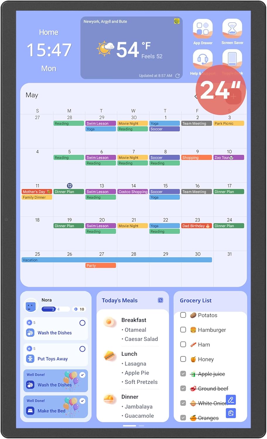 Digital Calendar+ 2: 24 Inch Wall Touch Screen Chore Chart Customize Dashboard Smart Electronic Calendar for Family Schedules Meal Planner Supports All Google Play Apps Wall Mount Black