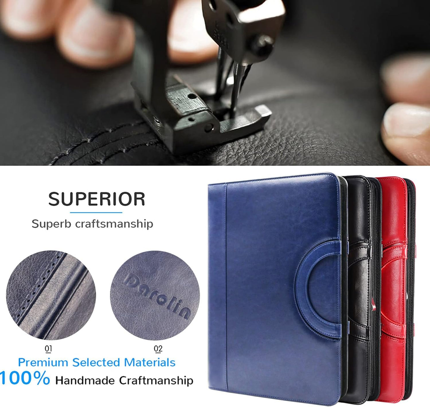 Darolin Zippered Leather Padfolio Portfolio with [Hidden Handle] and [Clipboard], Business Conference Organizer Notepad Folder, Portfolio Bag for Women/Men (Blue)