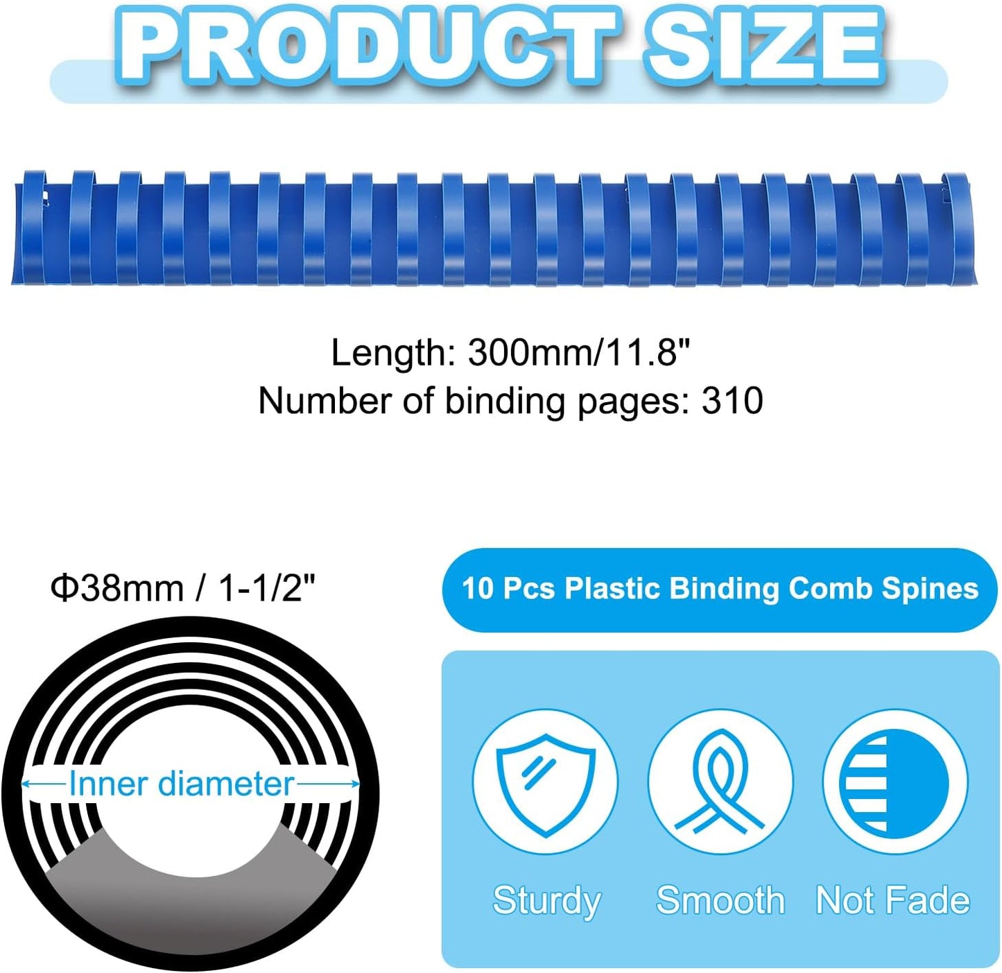 PATIKIL 38mm (1-1/2") Plastic Binding Combs, 10 Pcs 21 Rings Comb Binding Spines 310 Sheet Capacity Letter Size for Binding Paper Sheets Notebook Calendar Picture Album, Blue
