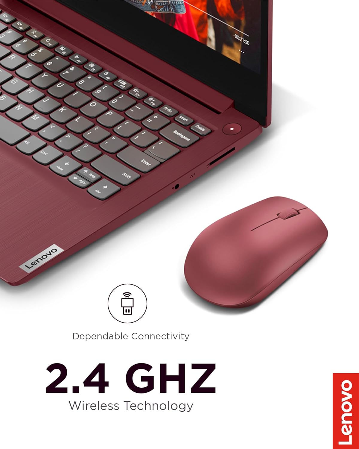 Lenovo 530 Full Size Wireless Computer Mouse for PC, Laptop, Computer with Windows - 2.4 GHz Nano USB Receiver - Ambidextrous Design - 12 Months Battery Life - Cherry Red
