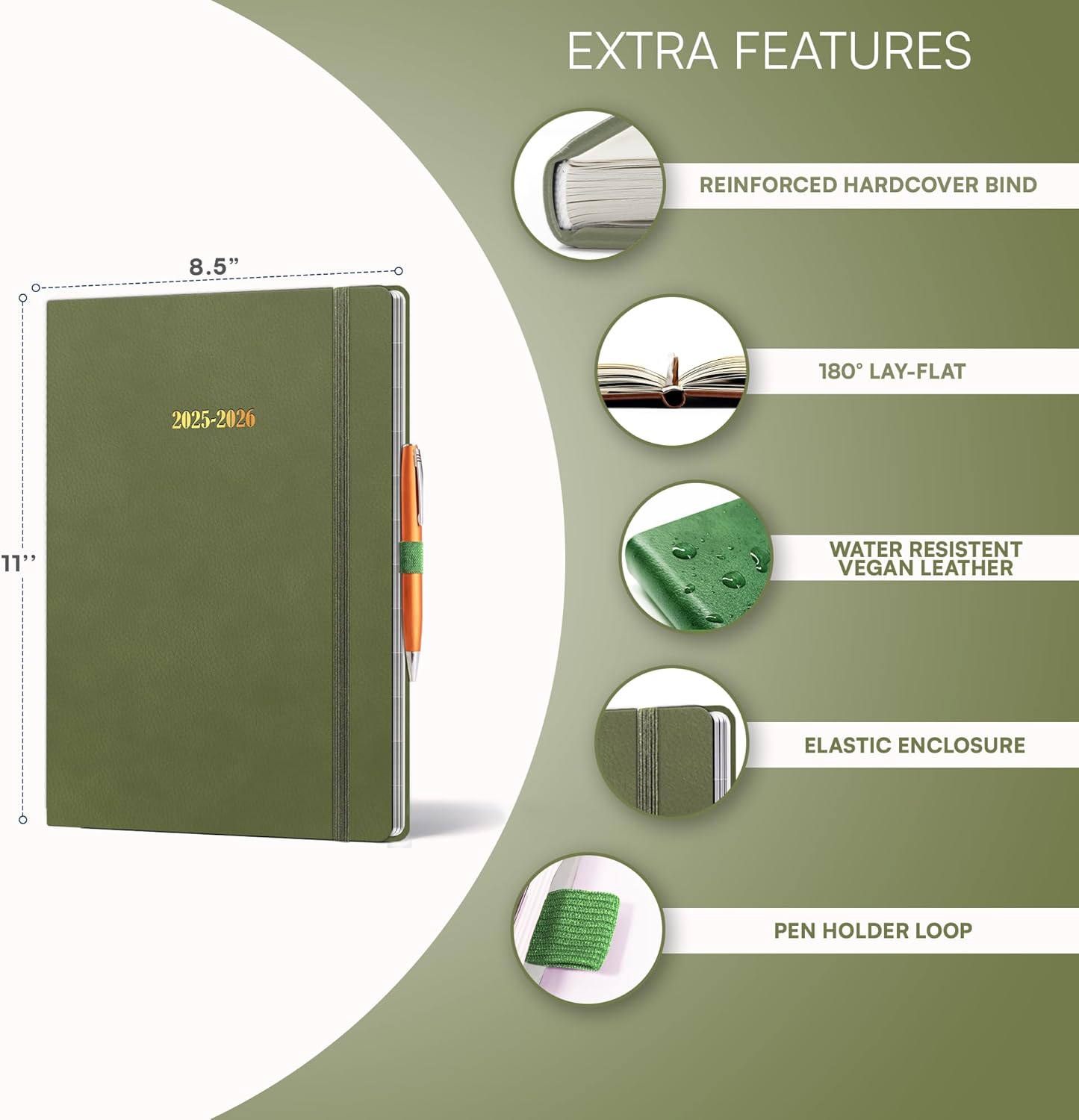 Ensight 2025-2026 HARDCOVER Leather Planner Weekly & Monthly - 8.5x11 Inches - Academic Planner Business Personal or Student - Pen Holder, Thick Paper, July 2025 - June 2026 (Olive Green)