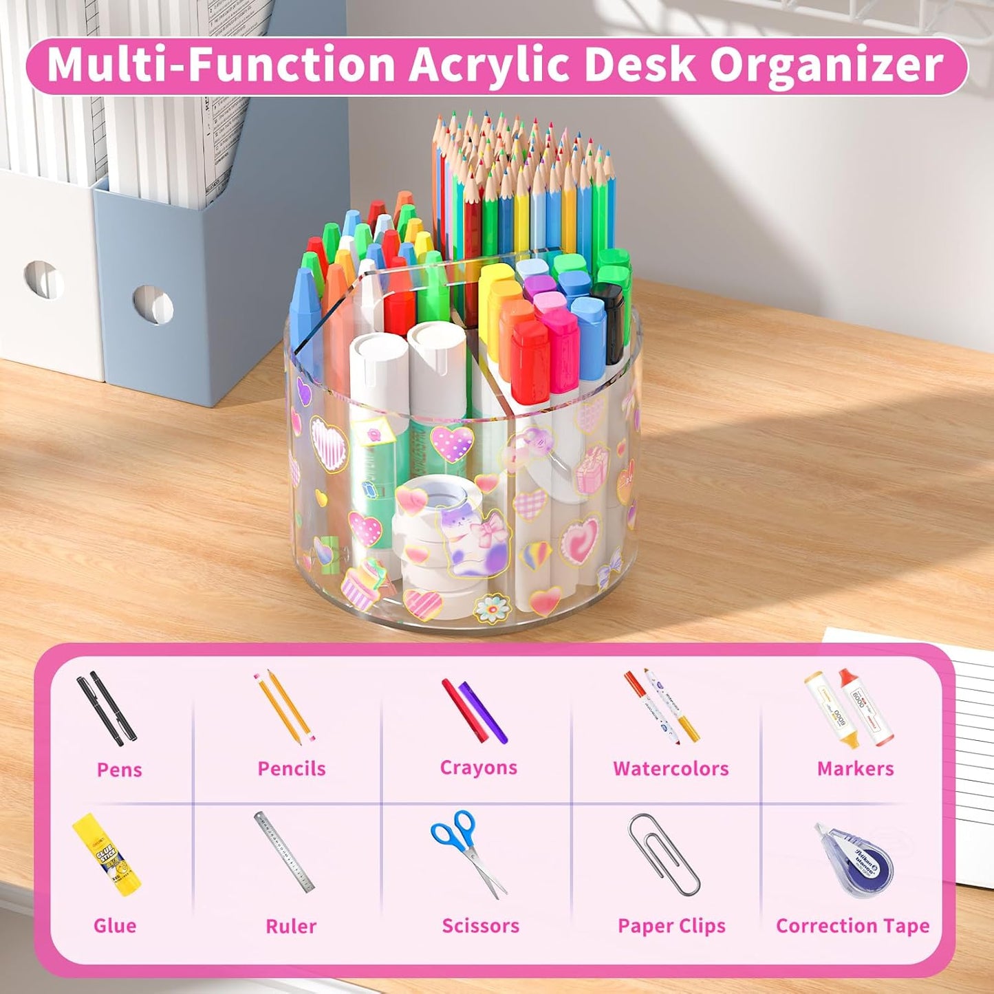 Acrylic Pencil Organizer for Desk 4 Compartments with Adhesive DIY Sticker, Rotating Art Supply Organizer with Kawaii Sticker Kids, Spinning Round Marker Organizer Small Supply Organizers Caddy