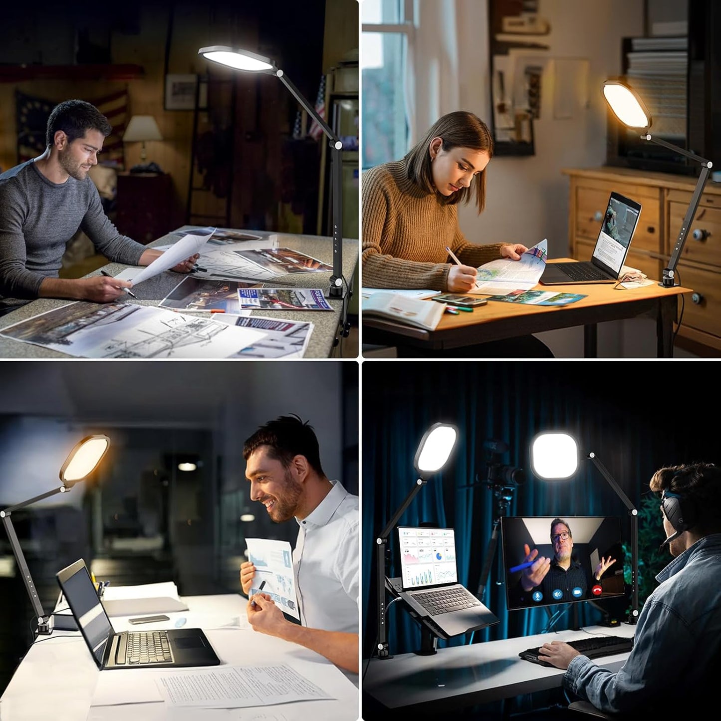 2 Packs Led Desk Lamps for Home Office, 1200LM Dimmable Clamp-on Desktop Light, Adjustable Swing Arm Ring Light with Stand, Memory & Timer Function, Eye-Caring Design