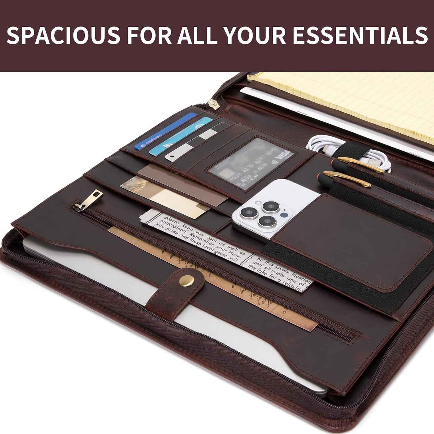 Genuine Leather Portfolio for Women and Men, 8.5 x 11 Legal Pad Padfolio, Zippered Notebook Organizer for 13” Laptop, Business Executive Professional Folio for Work, Dark Brown, Oil Tanned