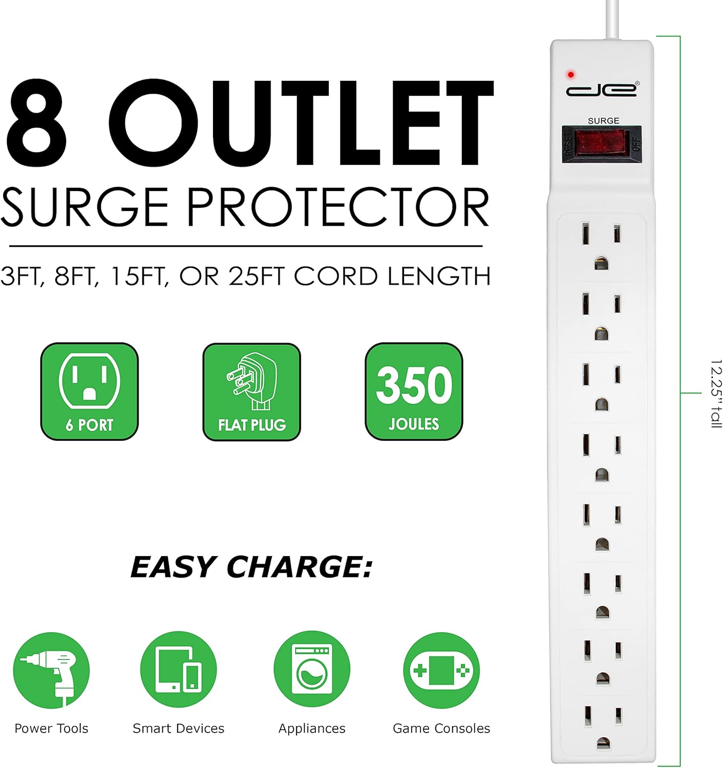 Digital Energy 8 Outlet Surge Protector Power Strip - 15 AMP, 1875 W, 125 V, 350 J Surge Protection, ETL Listed - Flat Plug, White, 8 FT