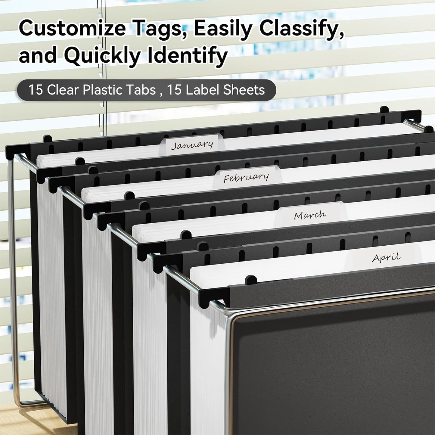 ANSOOK Plastic Legal Size Hanging File Folders, 3 Inch Reinforce Expanding File Folder,12 Pack Black Folders,File Cabinet Folders with Insertable Tabs,Accordion File Organizer for Office Home School