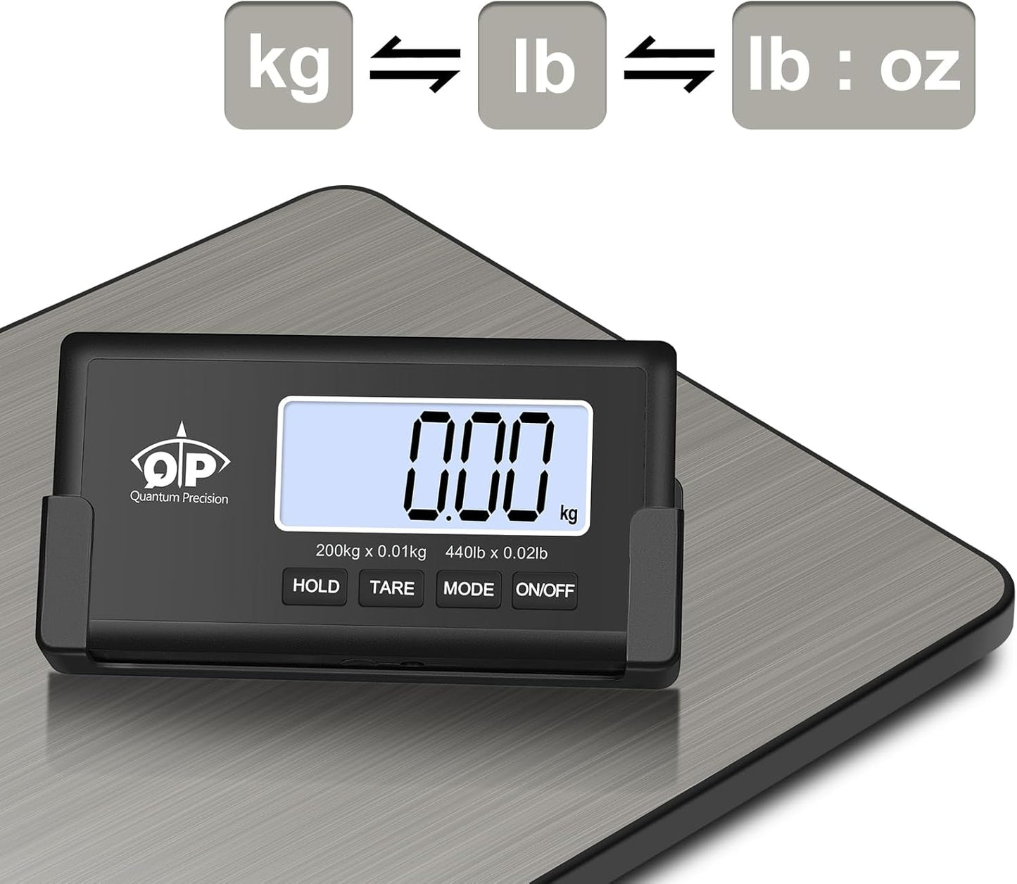 QP Shipping Scale, 440 lb/0.35 oz High Accuracy Digital Postal Scale, Postage Scale, Wireless LCD Display, Hold/Tare Function, Lightweight Scale for Packages/Luggage/Pet, Battery & AC Adapter Included