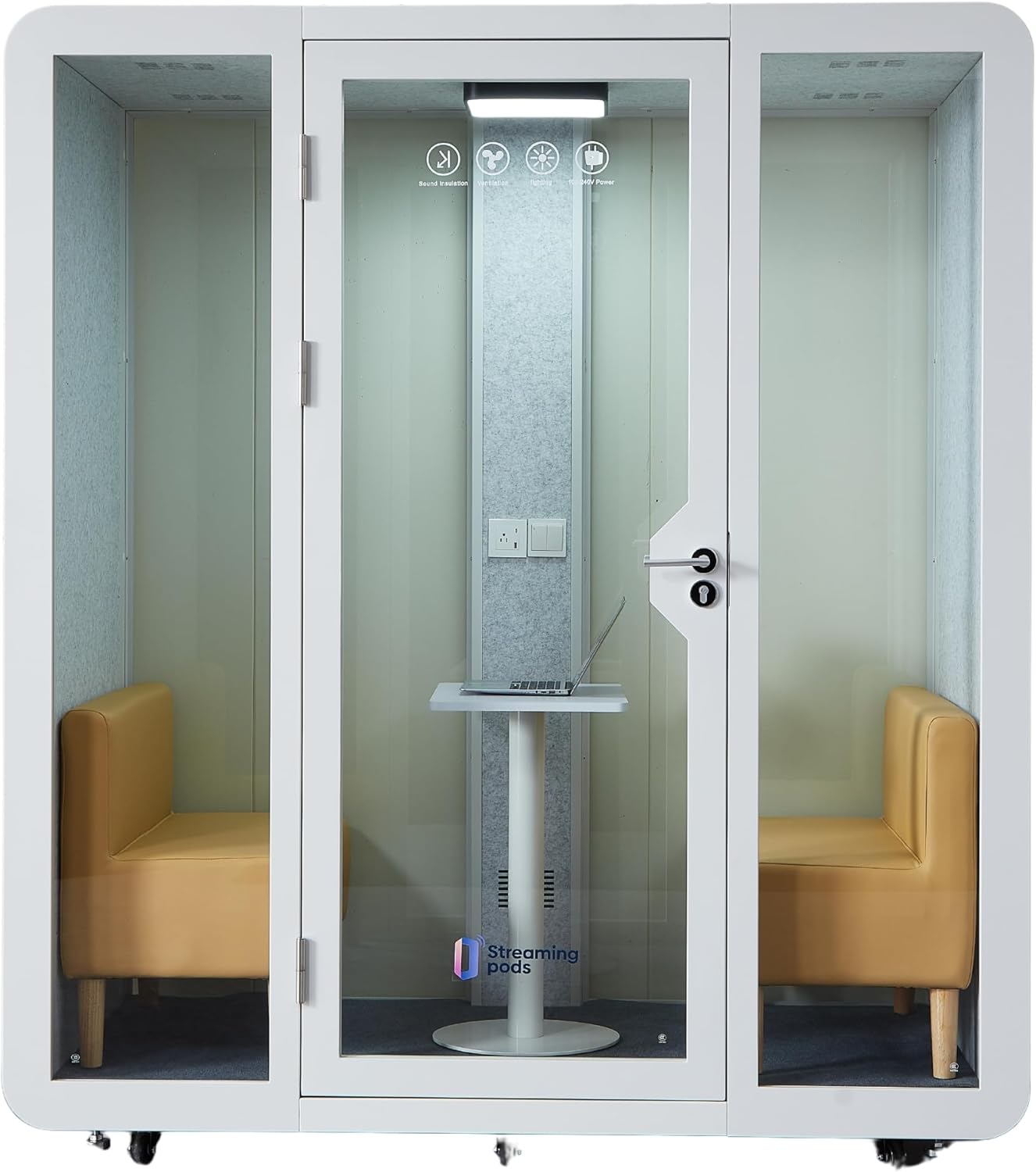 GEARONIC Mobile Office Pod Booth, Standard Sound Proof Office Pod for 2 People, Sound Pod Booth with Mobile Roller, LED Lighting System,Fans and AC USB Ports