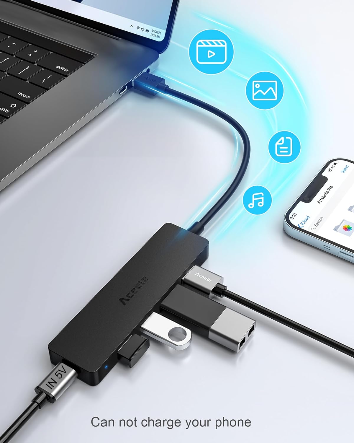 Aceele 4-Port USB 3.0 Hub, Ultra-Slim USB Hub with USB-C Powered Port[Charging/Monitor Not Supported], USB Port for MacBook, Mac Pro, iMac, Mac Mini, XPS, PC, Laptop, Flash Drive, Mobile HDD