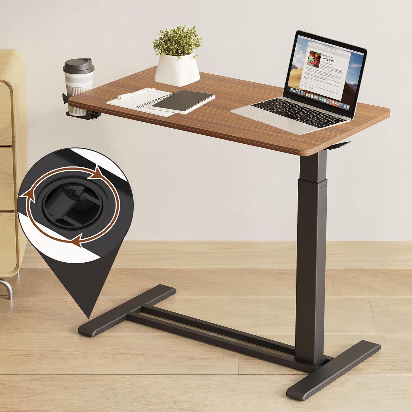 FLEXISPOT Mobile Standing Desk with Wheels Pneumatic Laptop Desk Rolling Computer Cart Movable Height Adjustable Small Sit Stand Desk Computer Workstations Home Use(31.5" W x 17.7" D, Mahogany)