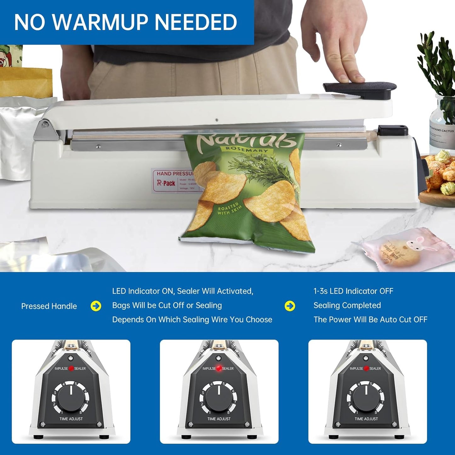 Impulse Heat Sealer with Cutter, Heavy-Duty Bag Sealing & Cutting Machine, 2 Extra Replacements (White, 8-Inch)