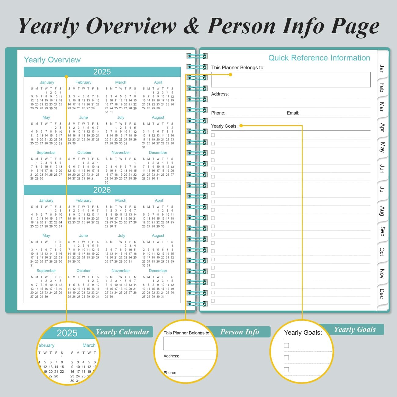 2025-2026 Planner - Academic Planner 2025-2026 from July 2025 - June 2026, Weekly & Monthly Planners Spiral Bound with 12 Monthly Tabs, Inner Pocket, 6.4" x 8.5", Teal