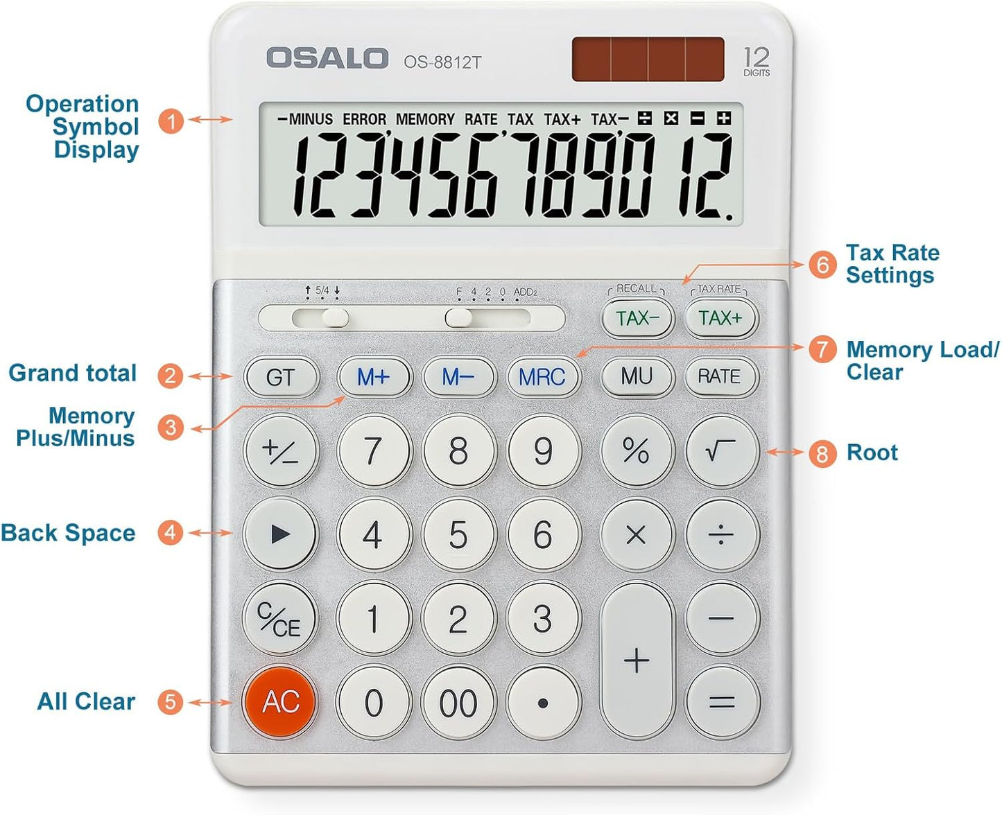 OSALO Desktop Calculators VAT Tax Function Large Display Big Buttons 12 Digit Big Desk Calculator for Home and Office (OS-8812T Large Calculator)