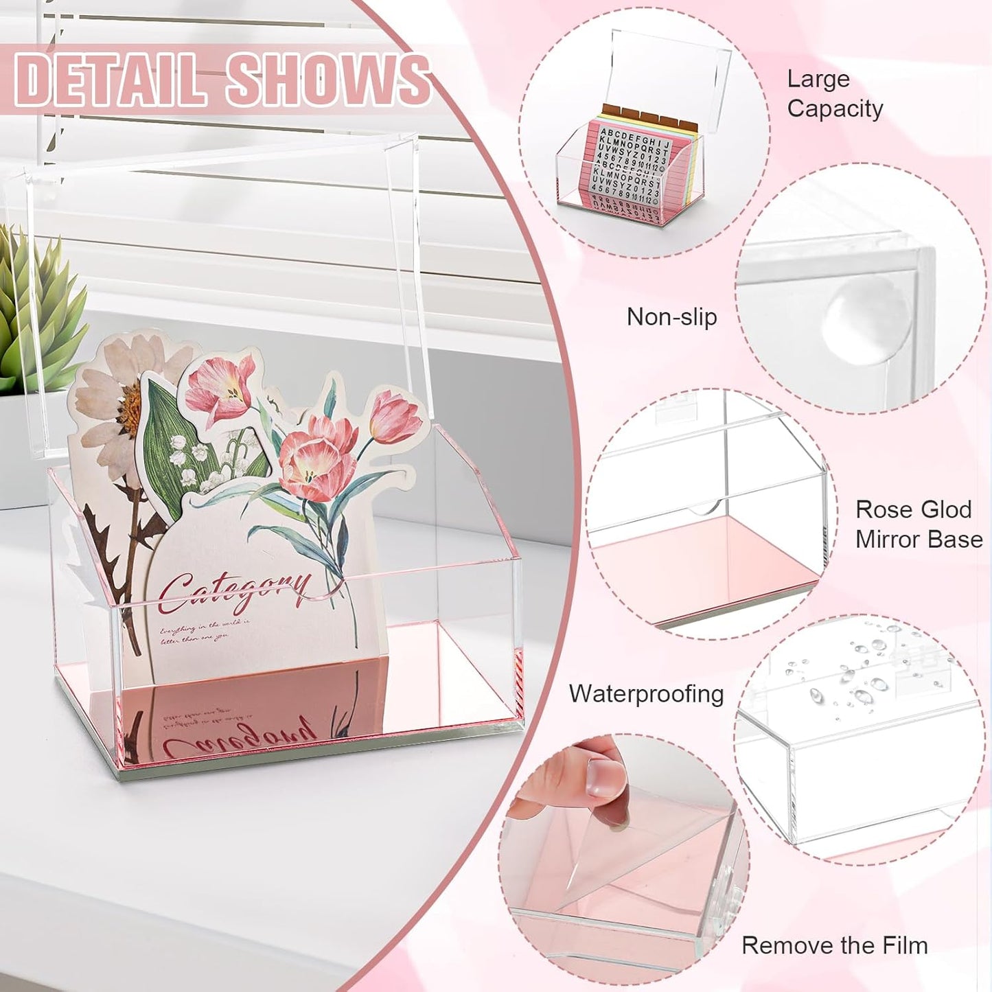 DLUGOPIS 3x5 Rose Gold Index Card Organizer Recipe Card Box Acrylic Flash Card Holder Index Card Box with Mirro Base 150 Ruled Lined Index Cards 30 Kraft Dividers Stickers For Holds 400 Note Cards
