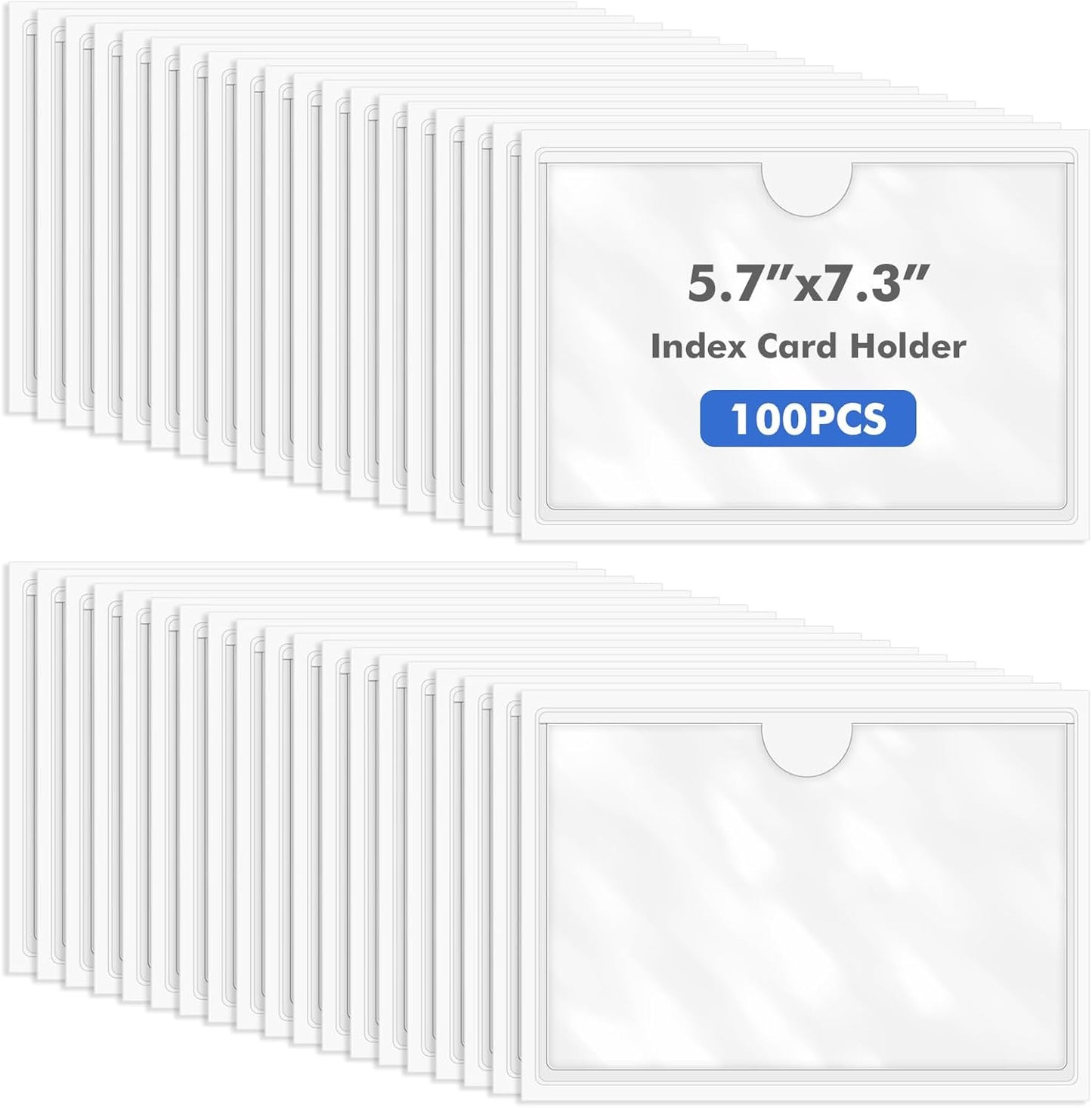 Circloophs 100 Packs Self Adhesive Index Card Pockets for 5”x 7” Card, Adhesive Label Holders with Top Open – 5.7”x 7.3” Clear Adhesive Label Pockets for Storage Bins, Locker, Shelves, Library, Office
