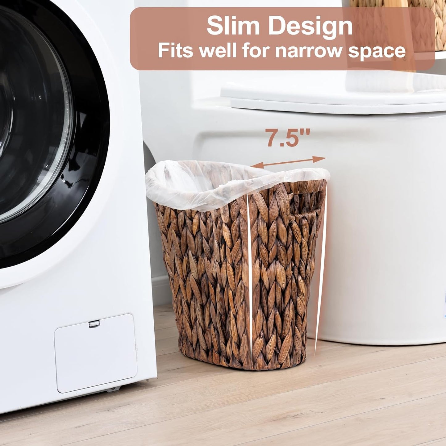 FairyHaus Wicker Waste Basket with Handle, Hand-Woven Water Hyacinth Trash Can for Bathroom Bedroom, Brown Wicker Storage 13 x 7.5 x12.2