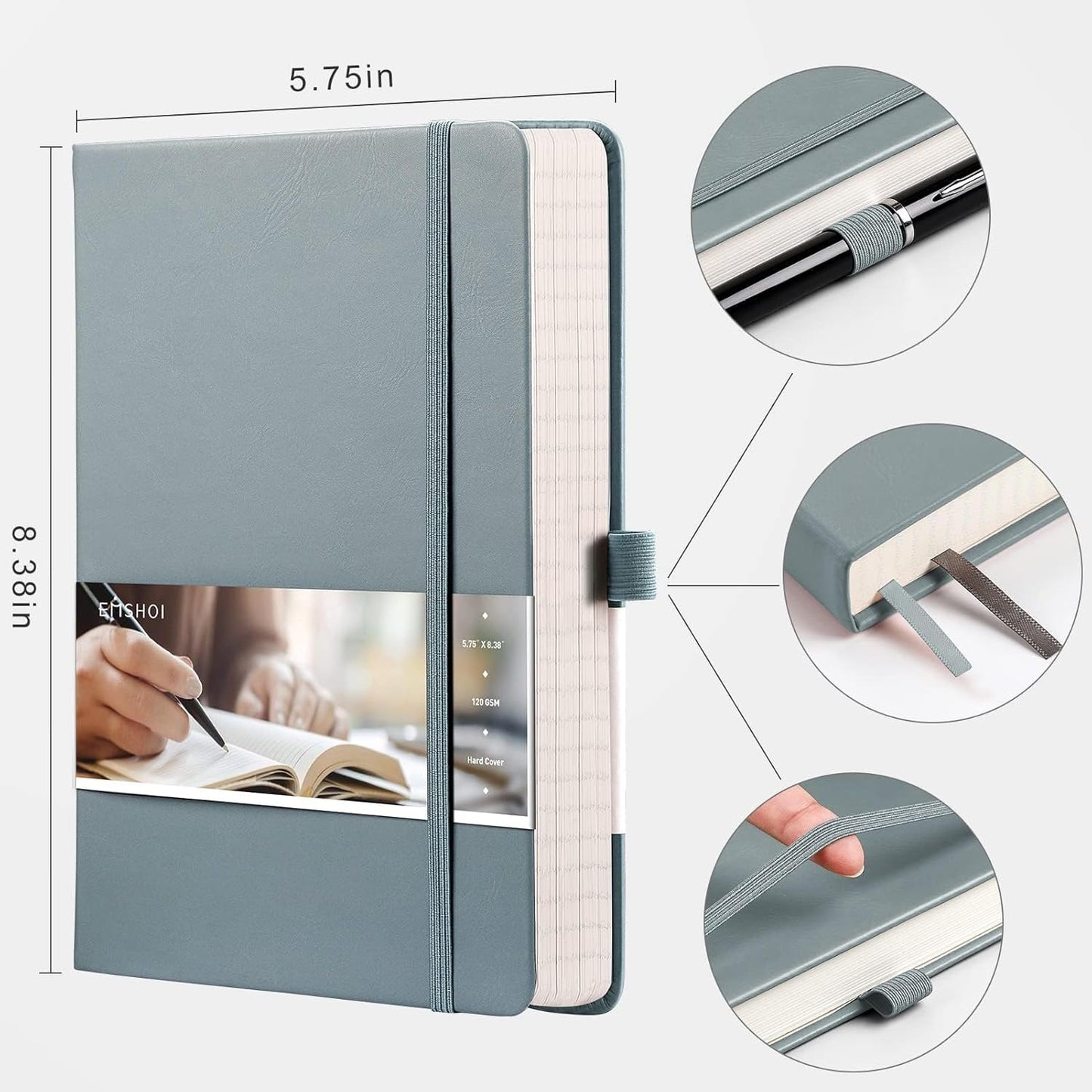 EMSHOI Graph Paper Notebook - 256 Pages A5 Graph Notebook/Journal, Hard Cover, 120gsm Thick Paper, Smooth PU Leather, Inner Pocket, 5.75'' × 8.38''-GrayBlue