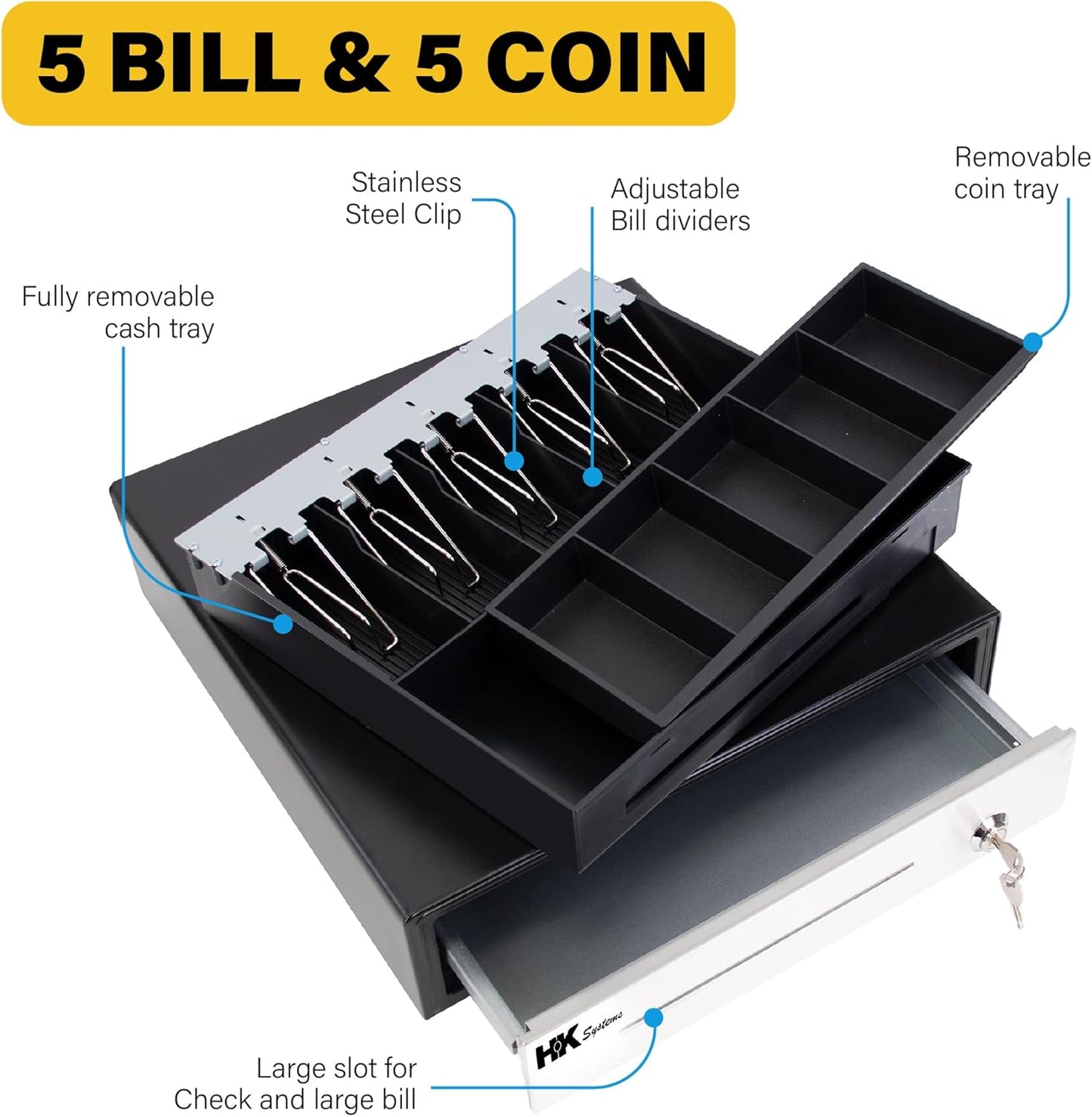 HK SYSTEMS 16inch "Stainless Steel" Front Heavy Duty Black POS Cash Drawer with 5Bill/5Coin