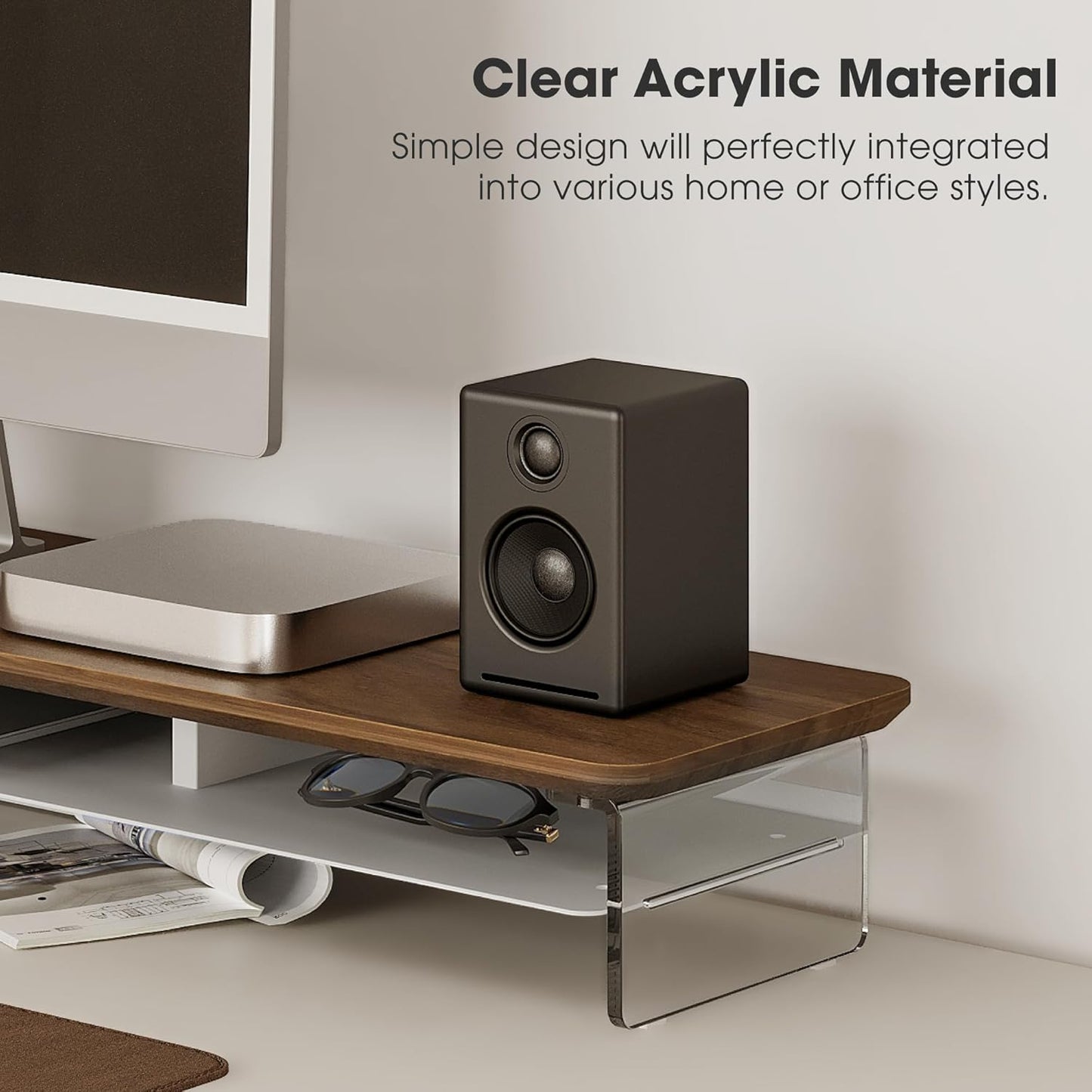 Fenge Acrylic Monitor Stand Riser, 42.5 Inches Dual Monitor Stand with Metal Storage, 2 Tier Acrylic Computer Riser for Desk, Clear Laptop Stand for PC, Laptop, Printer, TV, Brown