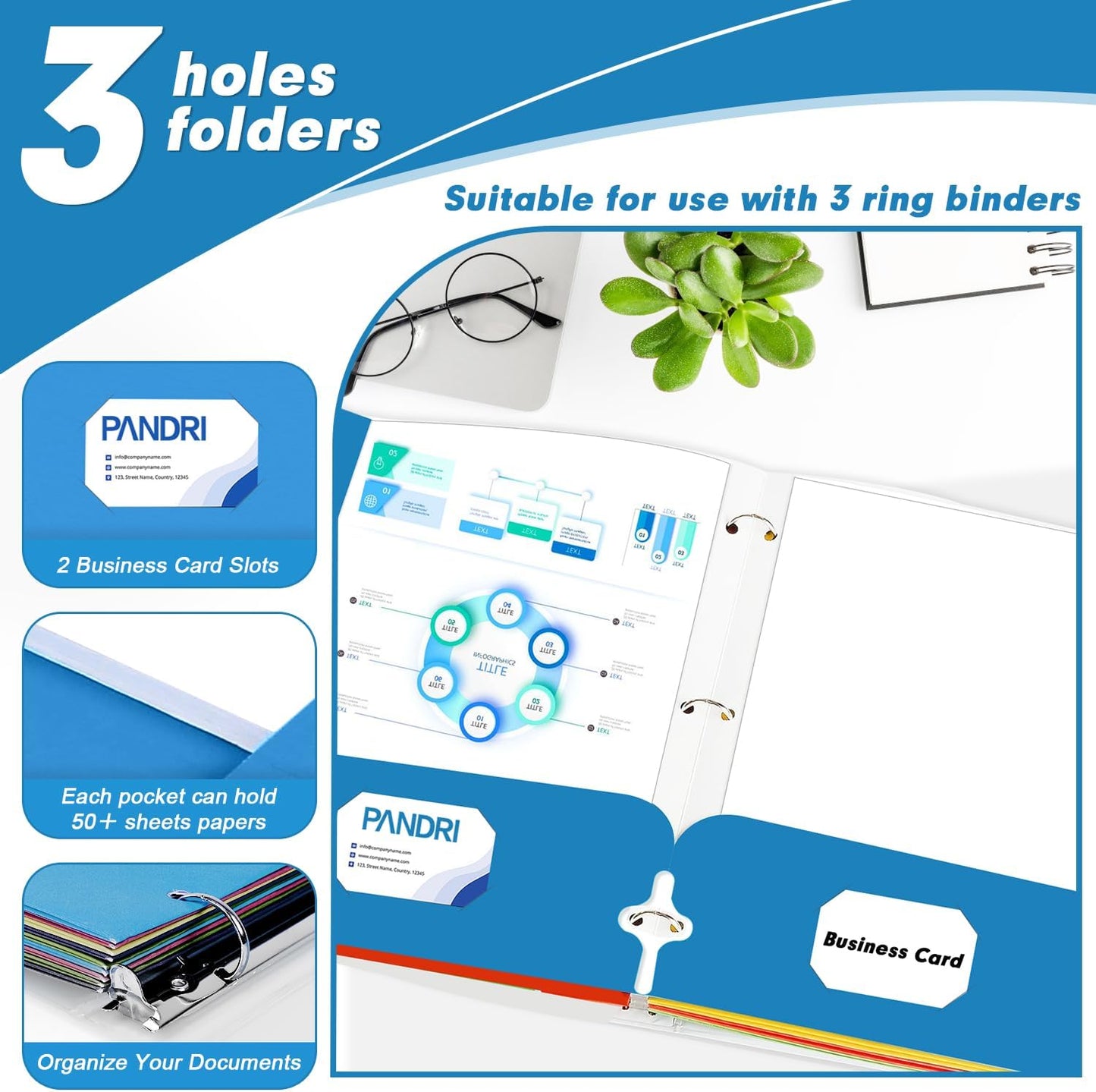 Two Pocket Portfolio Folders, PANDRI 60 Pack 3 Hole Punched 2 Pocket Folders for 3 Ring Binder, Letter Size Paper File Folder for School Office Home Business, Blue