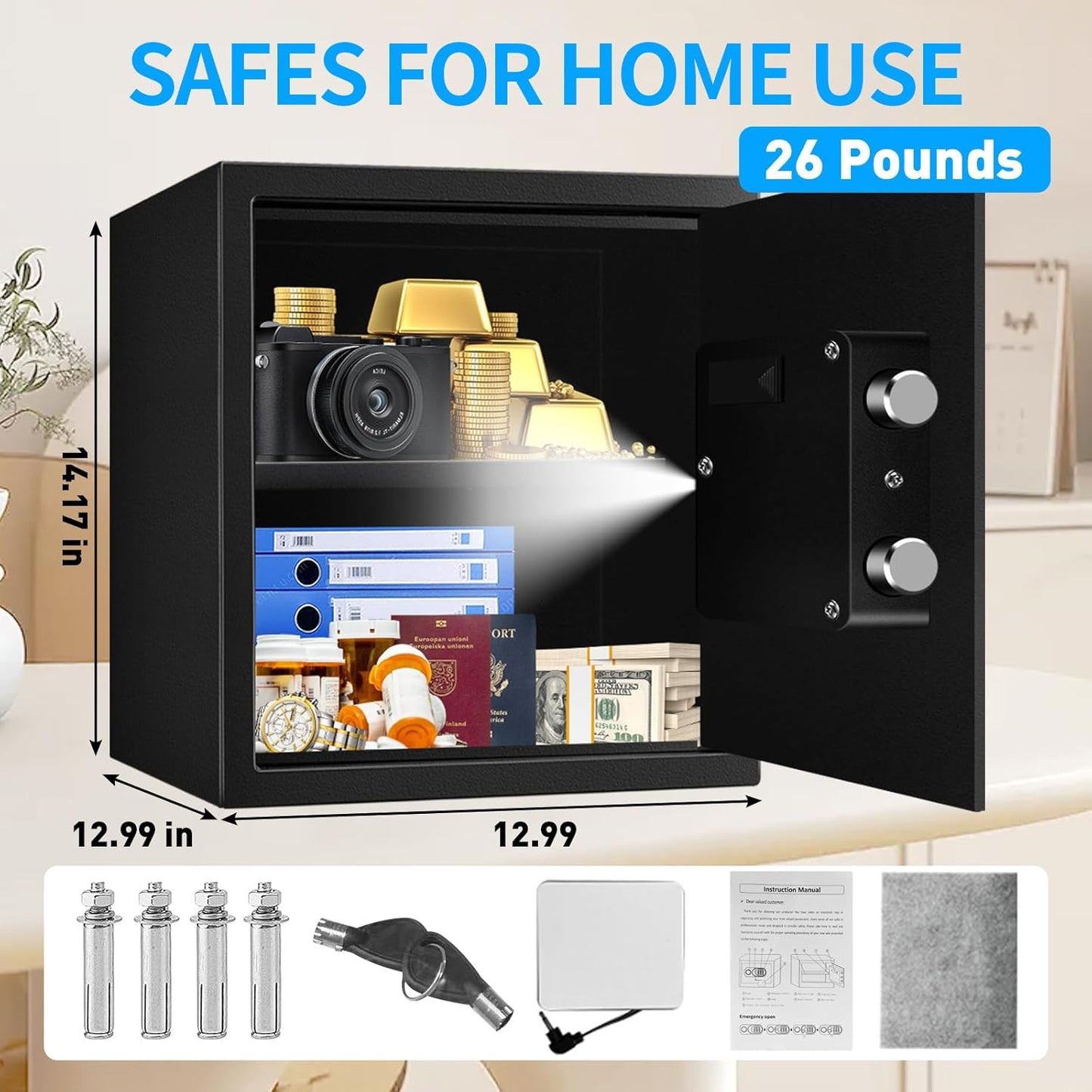 2.3 Cuft Fire proof Safes for HOME USE, Digital Security Safe Box with Programmable Keypad and Spare Keys, Safety Box for Home Office Business, Document Safe for Money Medicine Valuables
